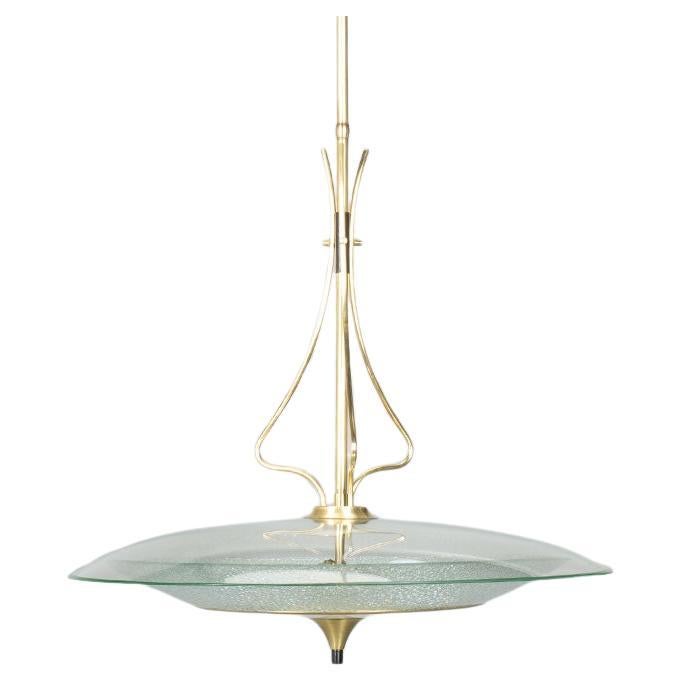 Italian pendant light in glass, black metal and brass, 1950 For Sale