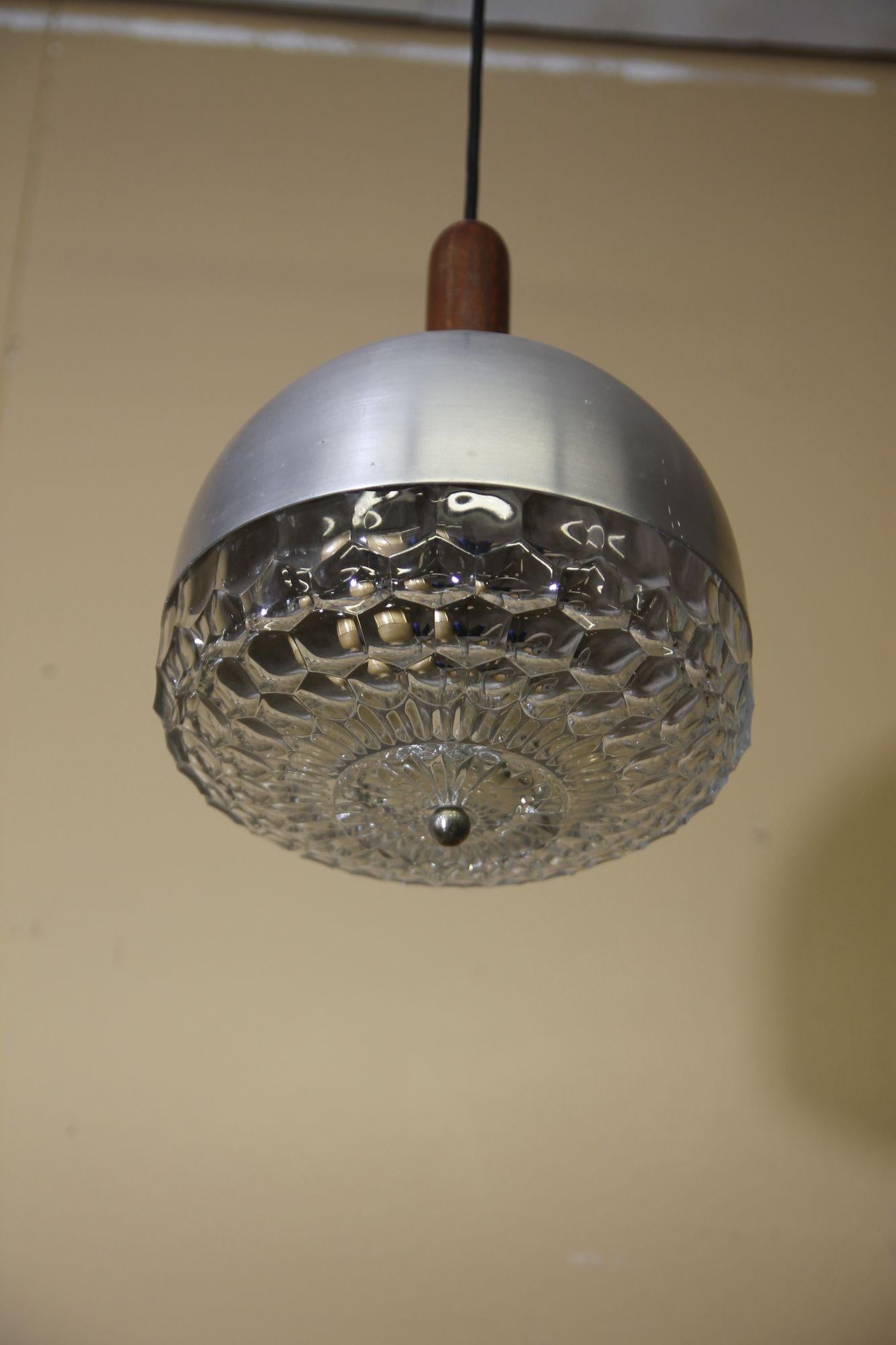 Italian Pendant Light. Light is made with Glass/Aluminum/Wood. For Sale 2