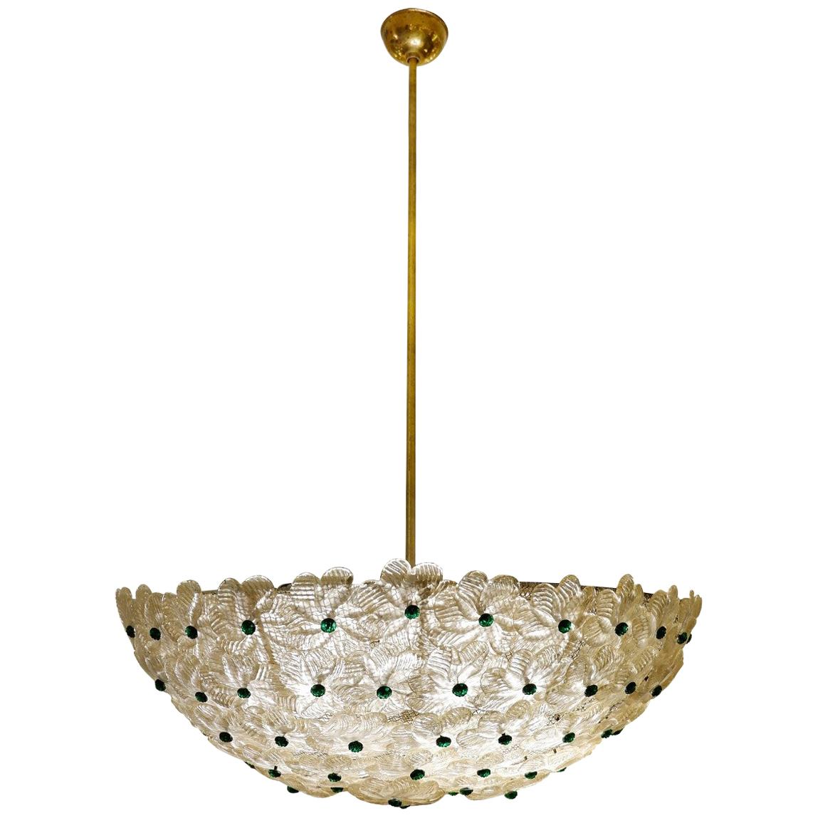 Italian Pendant Light Murano Flowers in Clear Crystal Glass with Gold Flecks