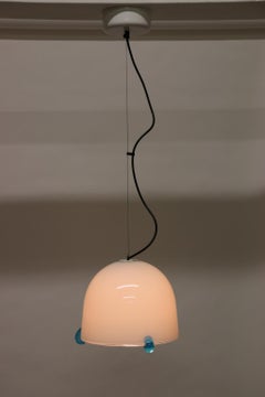 Italian Pendant Light White Murano Hand Blown Glass Aquamarine "Anelli" Details