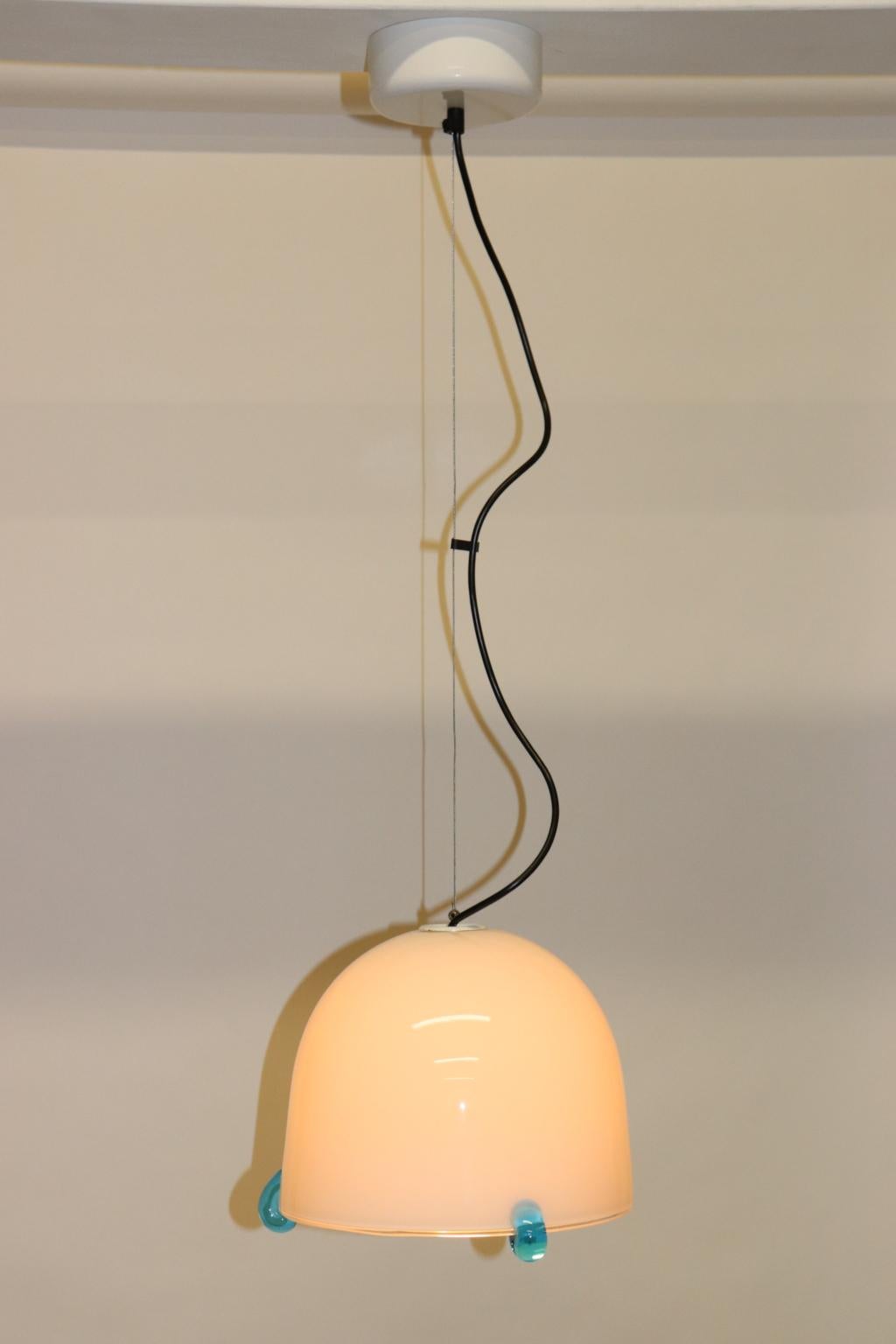 Mid-Century Modern Italian Pendant Light White Murano Hand Blown Glass Aquamarine 