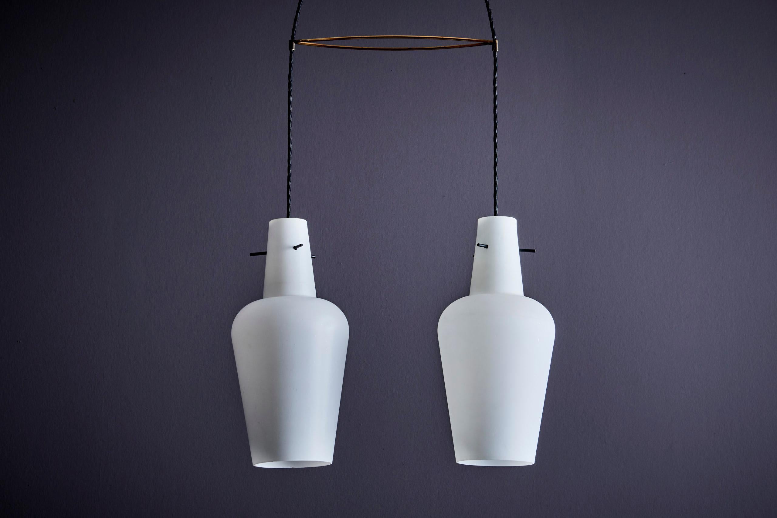 Metal Italian Pendant Light with two glass shades Italy - 1950s For Sale