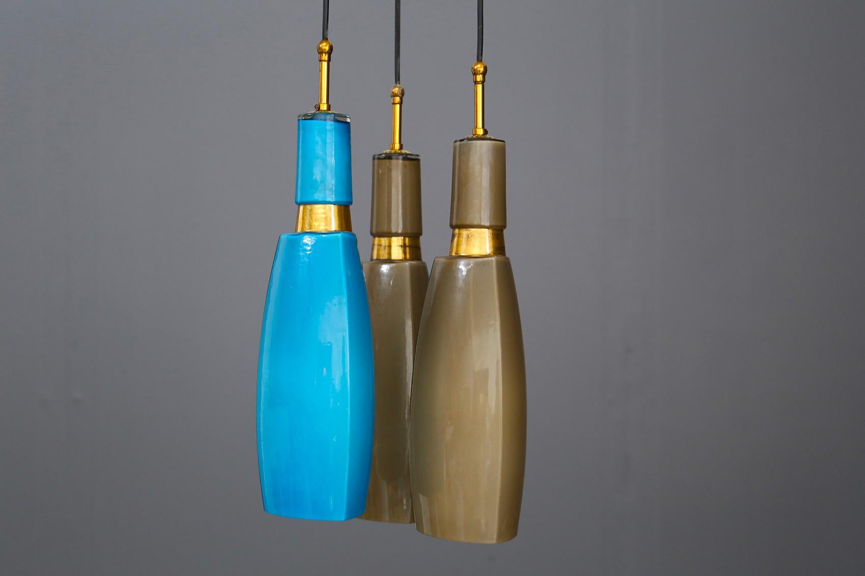 Mid-Century Modern Italian Pendant Midcentury by Vistosi in Colored Opaline Glass and Brass, 1960s