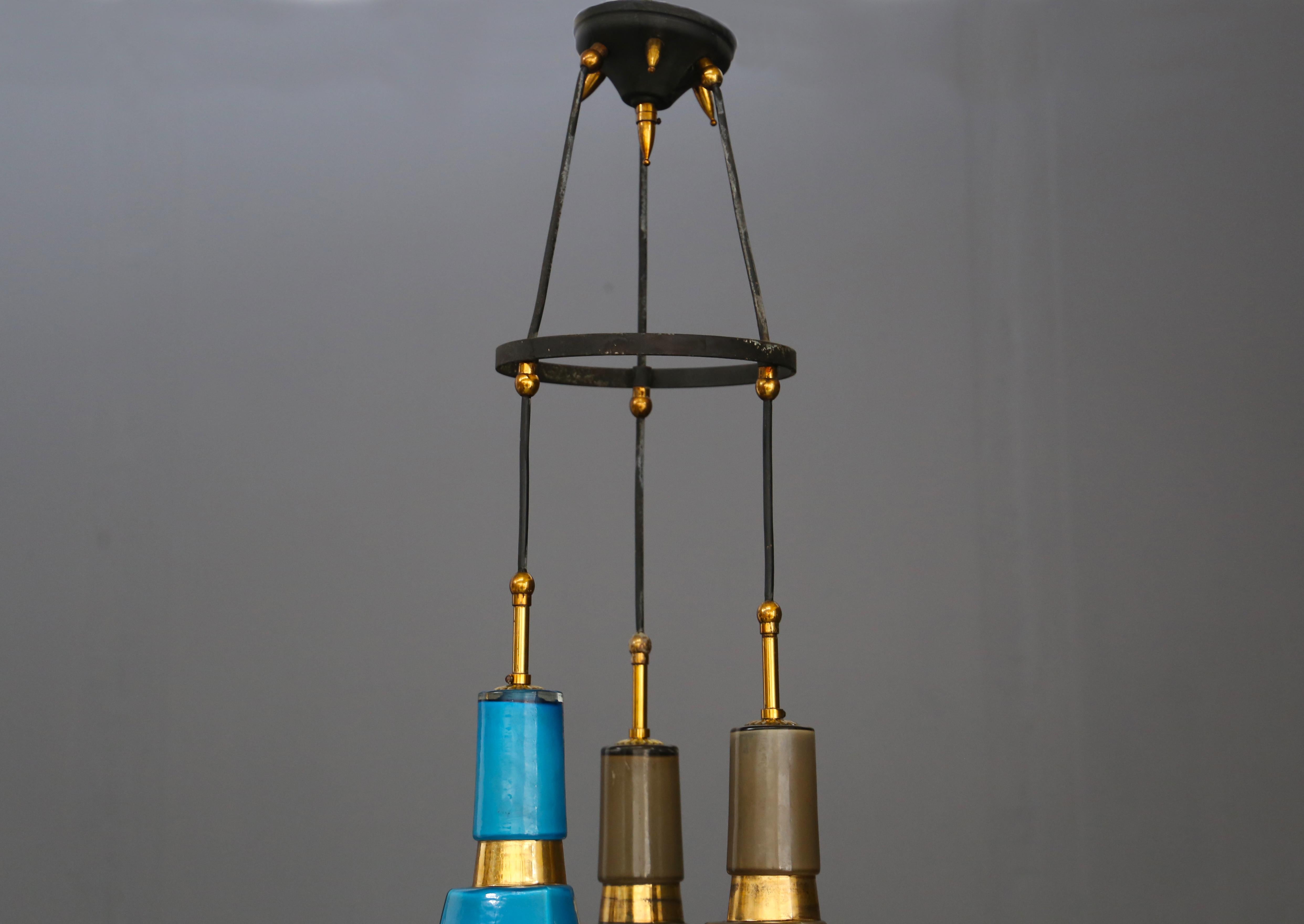 Italian Pendant Midcentury by Vistosi in Colored Opaline Glass and Brass, 1960s In Good Condition In Milano, IT