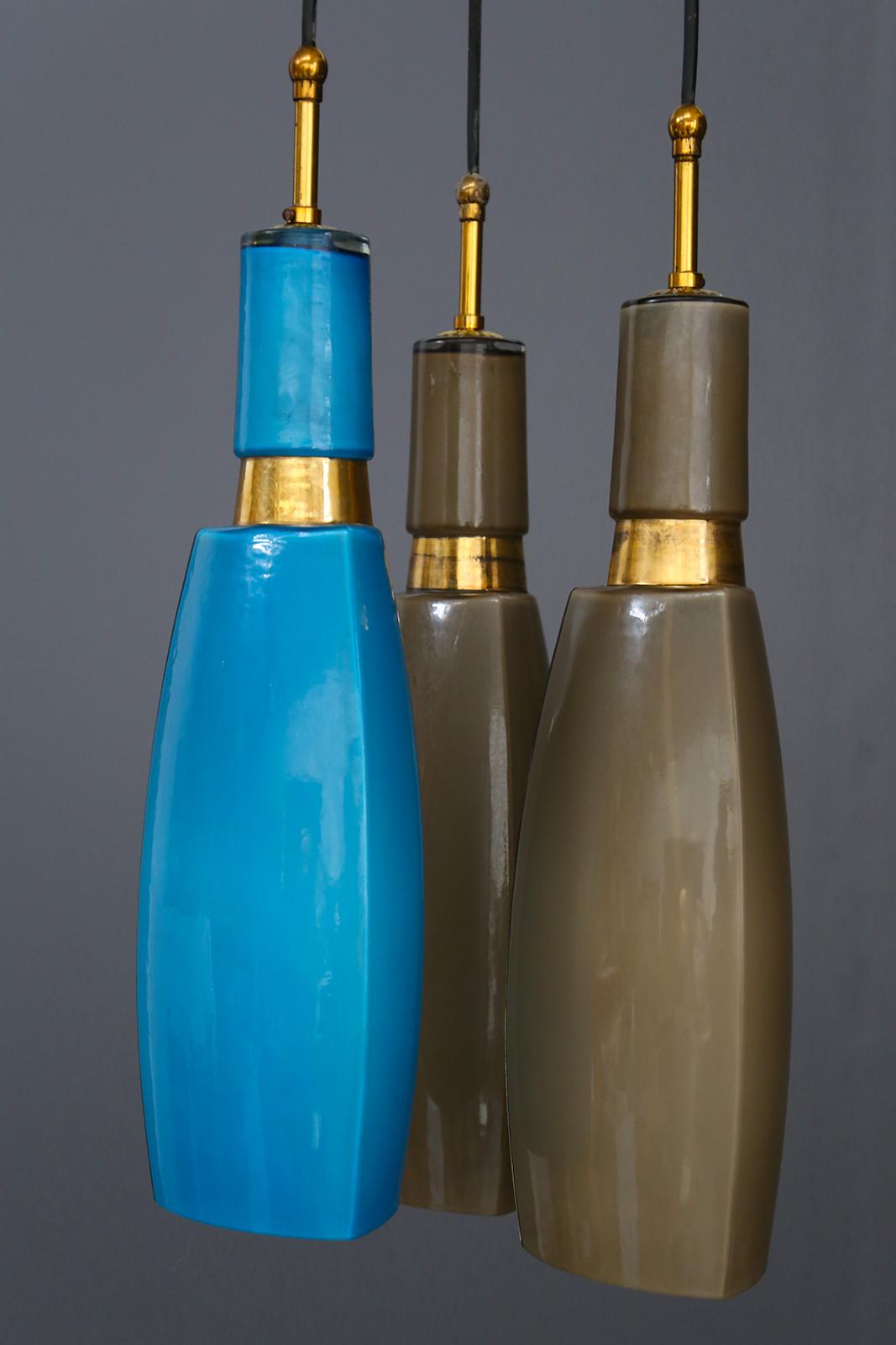 Mid-20th Century Italian Pendant Midcentury by Vistosi in Colored Opaline Glass and Brass, 1960s