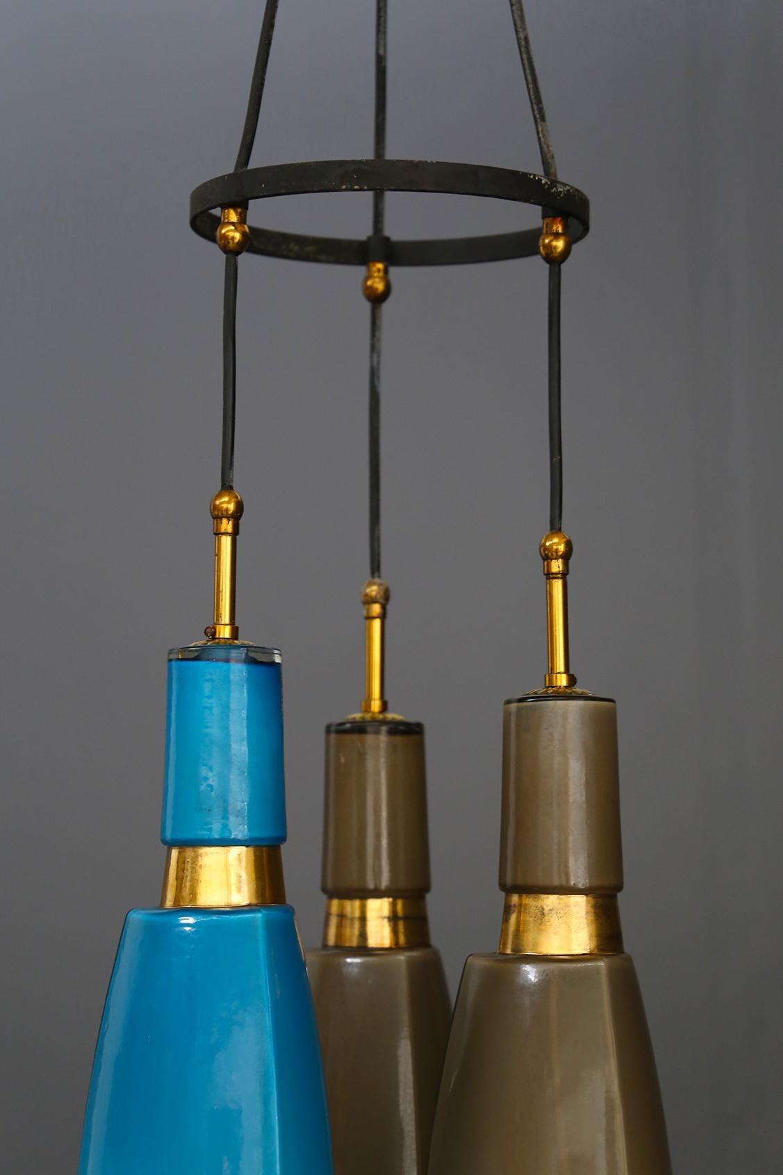Italian Pendant Midcentury by Vistosi in Colored Opaline Glass and Brass, 1960s 1