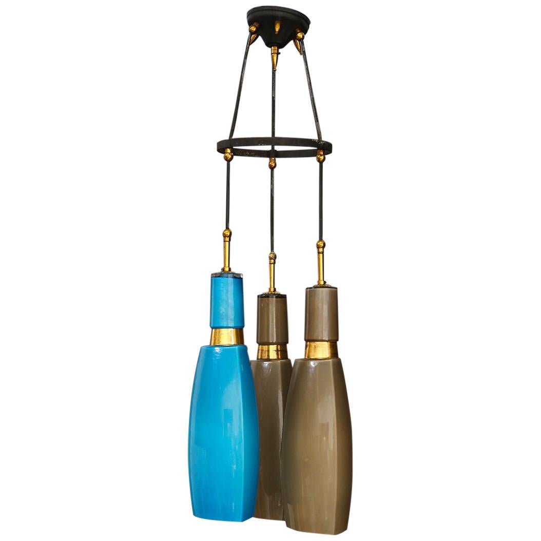 Italian Pendant Midcentury by Vistosi in Colored Opaline Glass and Brass, 1960s