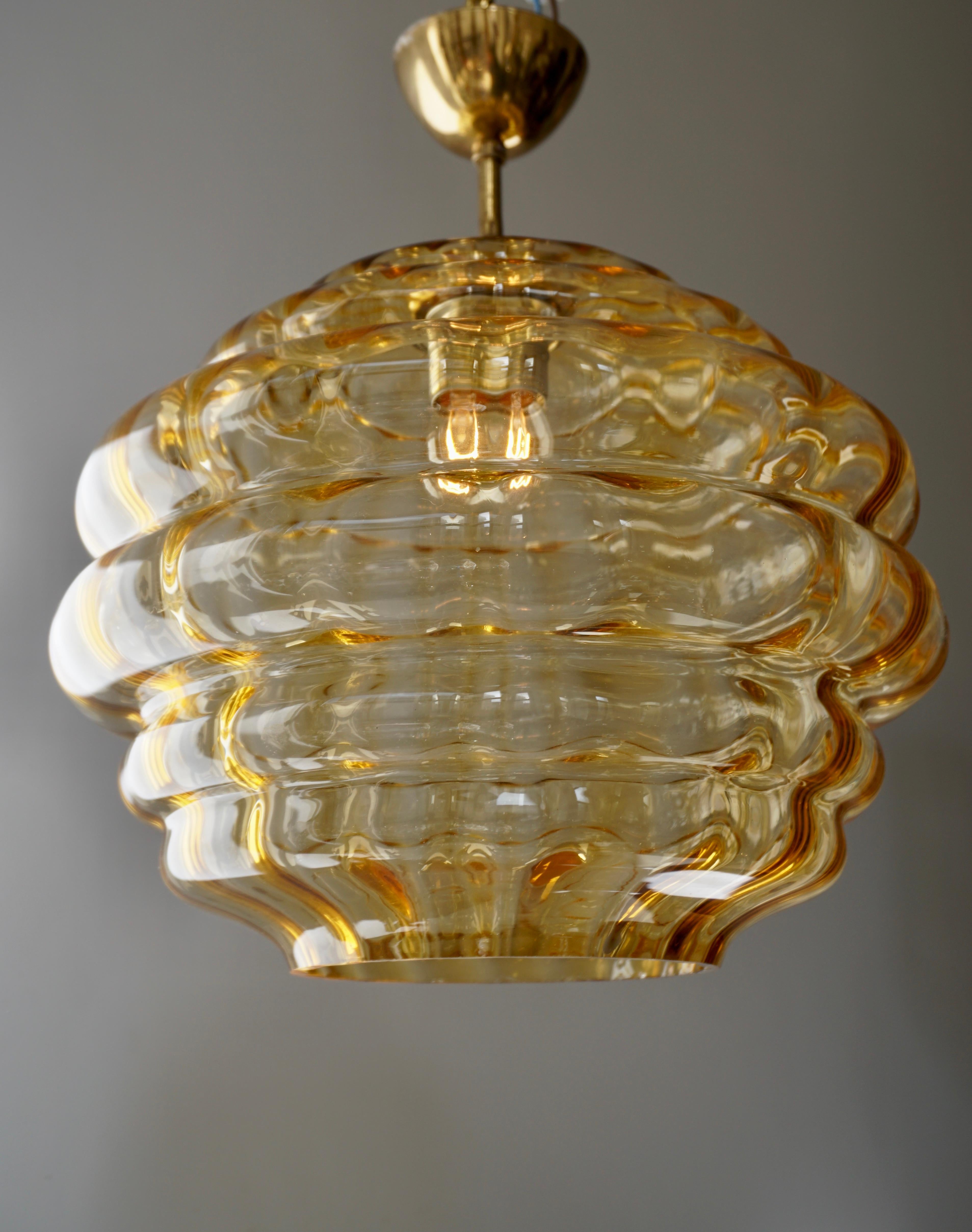 Brass Italian Pendant with Colored Murano Glass Shade, 1970s