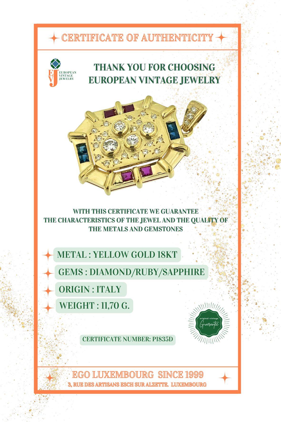 Italian Pendant Yellow Gold with Diamonds, Rubies and Sapphires For Sale 4