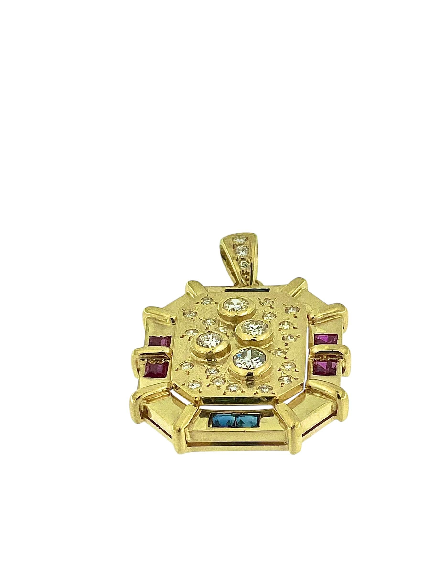 Modern Italian Pendant Yellow Gold with Diamonds, Rubies and Sapphires For Sale