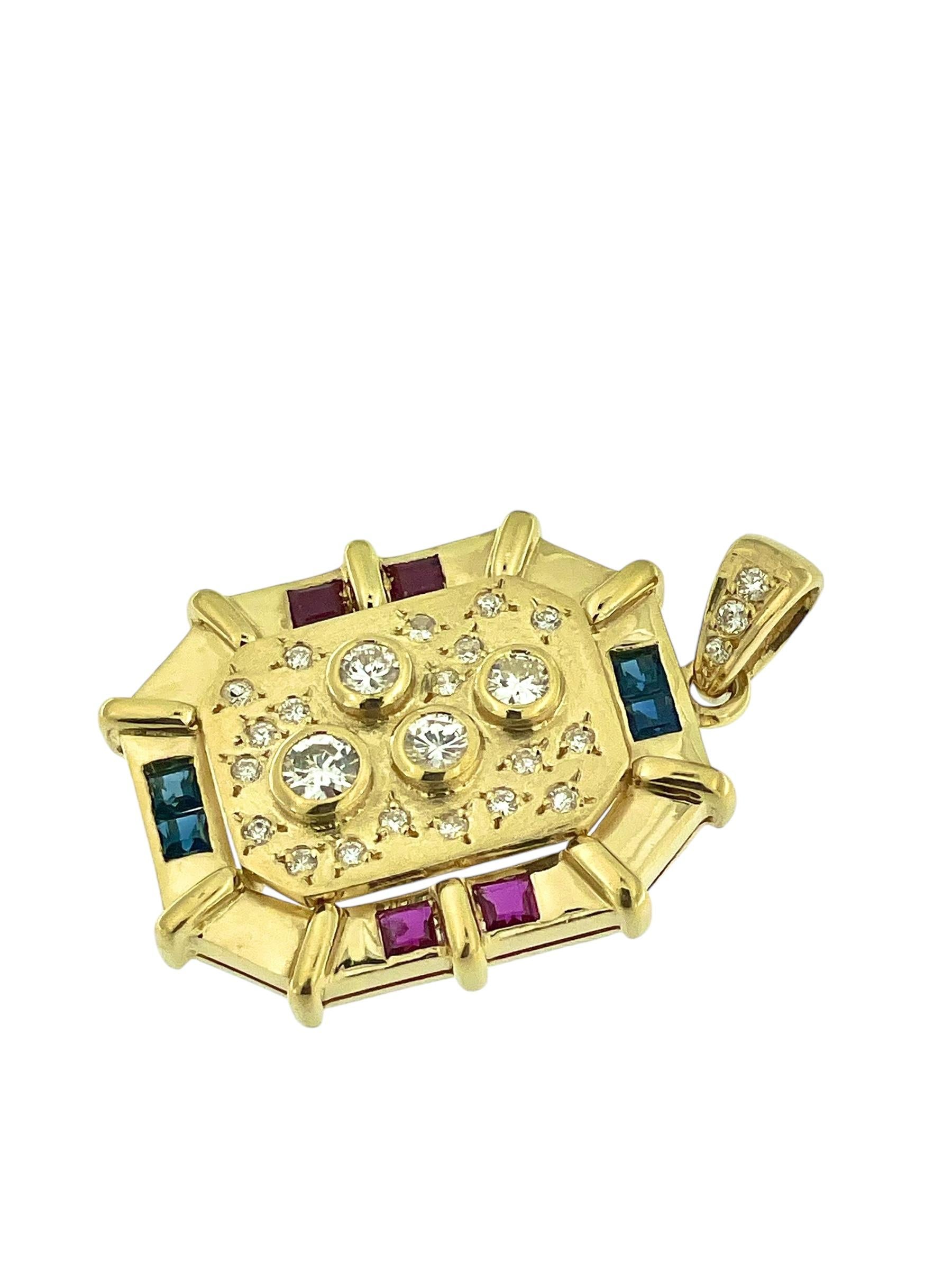 Mixed Cut Italian Pendant Yellow Gold with Diamonds, Rubies and Sapphires For Sale