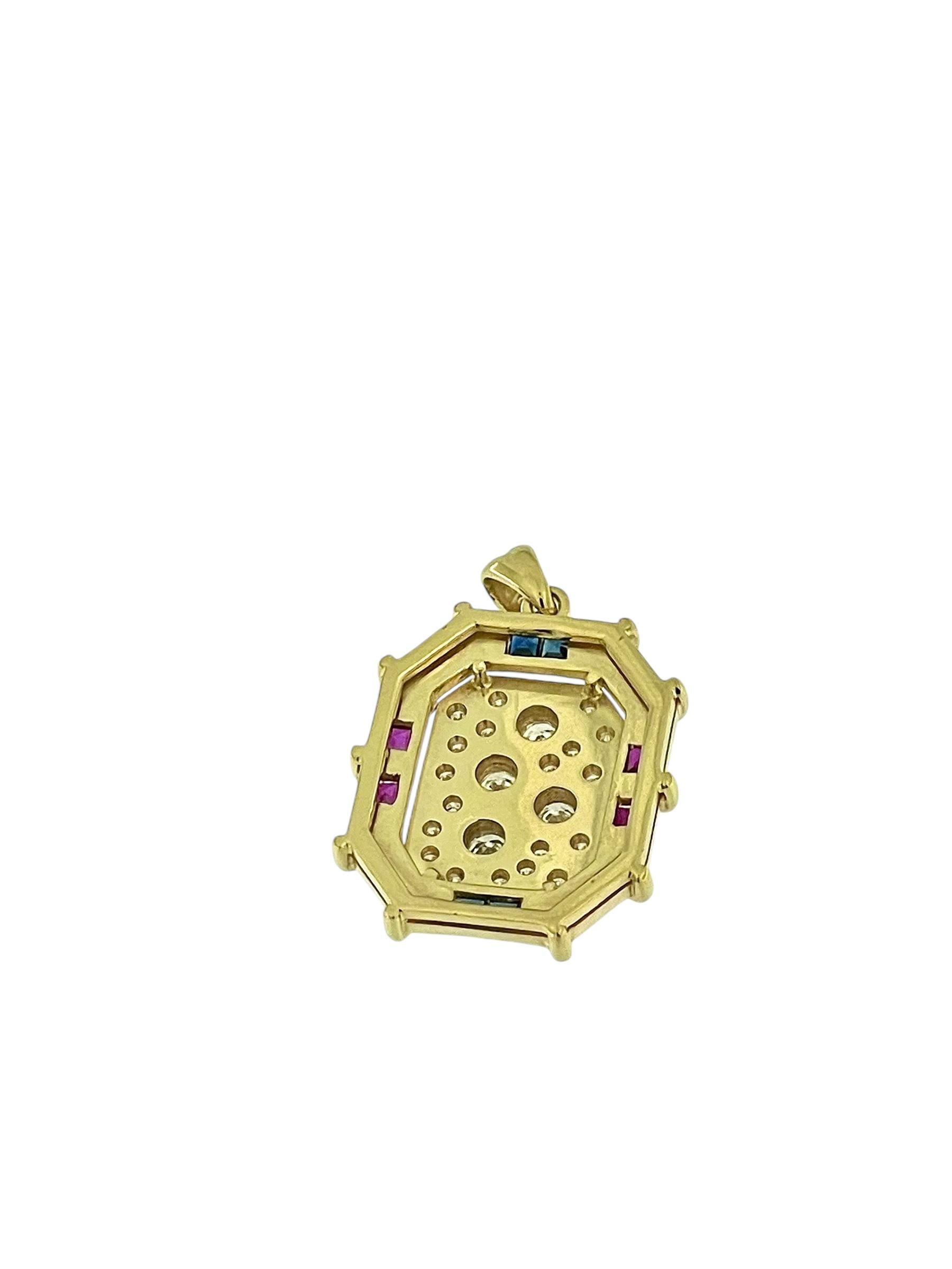 Italian Pendant Yellow Gold with Diamonds, Rubies and Sapphires In Excellent Condition For Sale In Esch sur Alzette, Esch-sur-Alzette