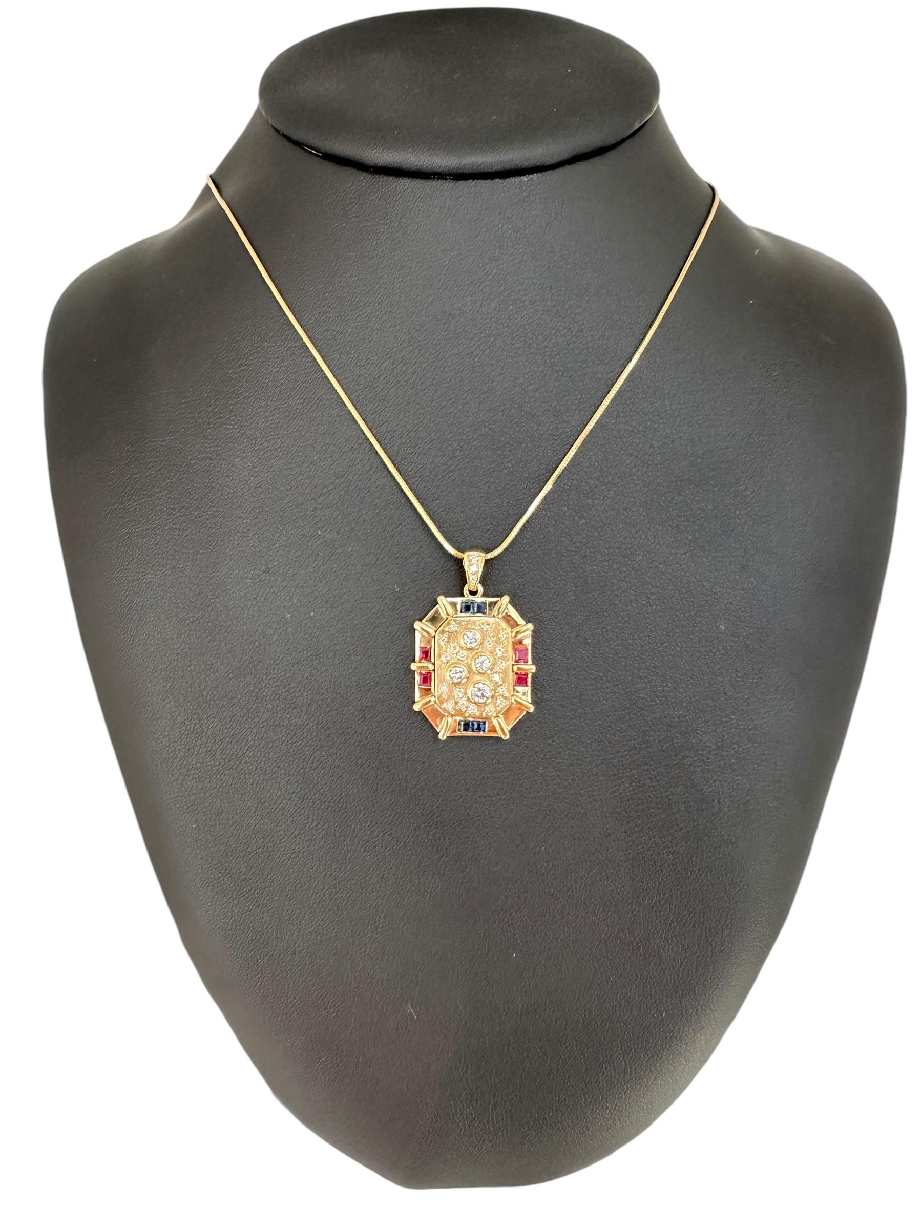 Italian Pendant Yellow Gold with Diamonds, Rubies and Sapphires For Sale 1