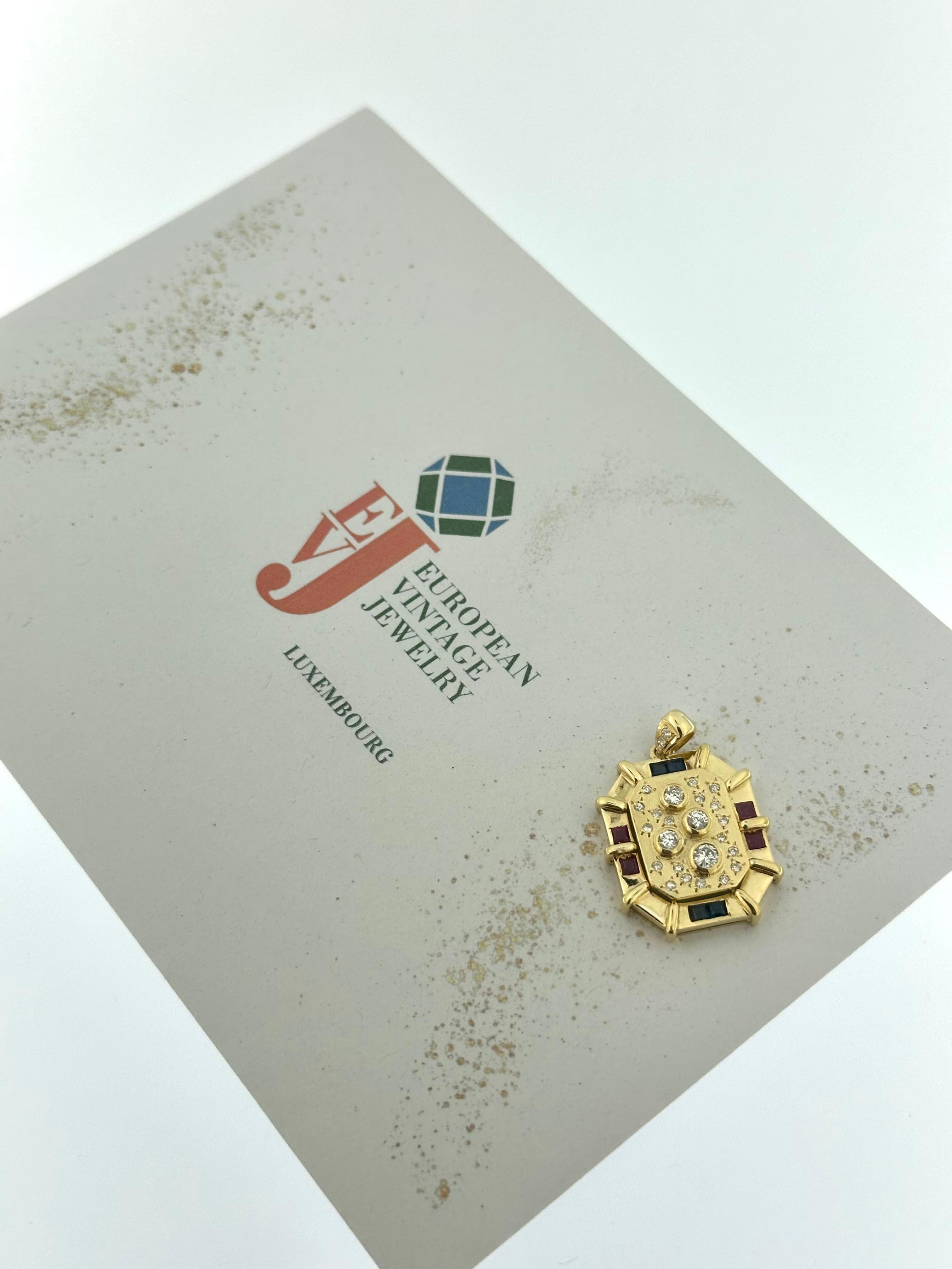 Italian Pendant Yellow Gold with Diamonds, Rubies and Sapphires For Sale 3