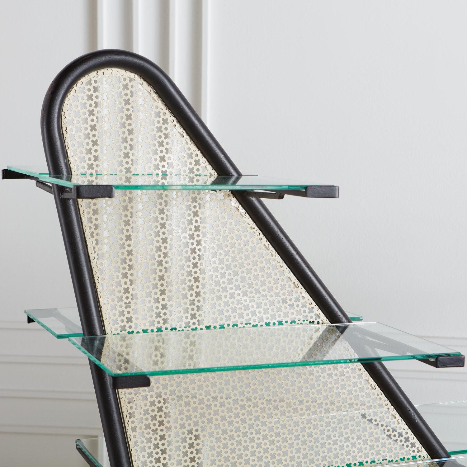 Italian Perforated Metal Etagere with Floating Glass Shelves  5