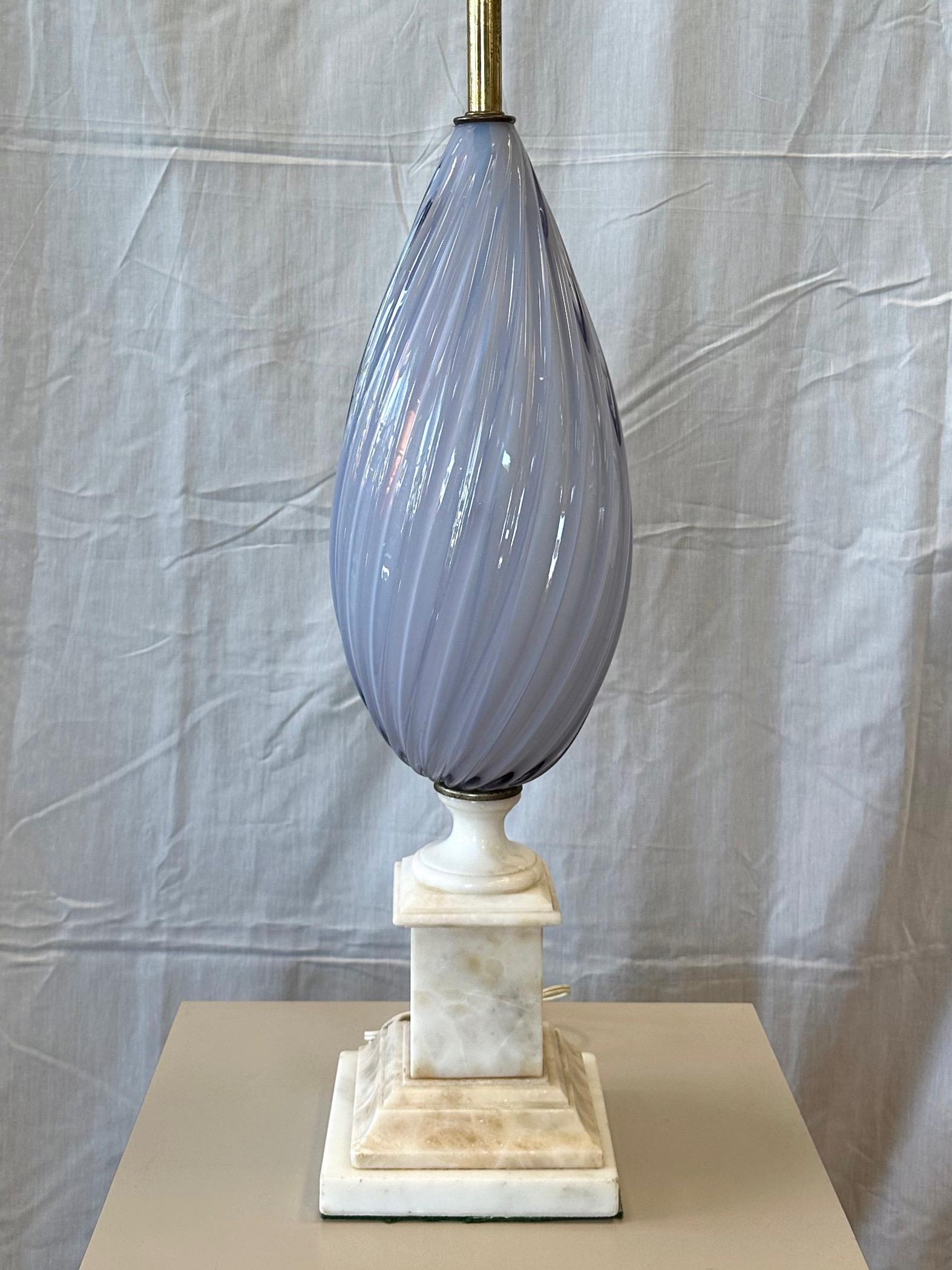 Italian Periwinkle Sommerso Murano Glass and Alabaster Table Lamp, circa 1950 For Sale 12