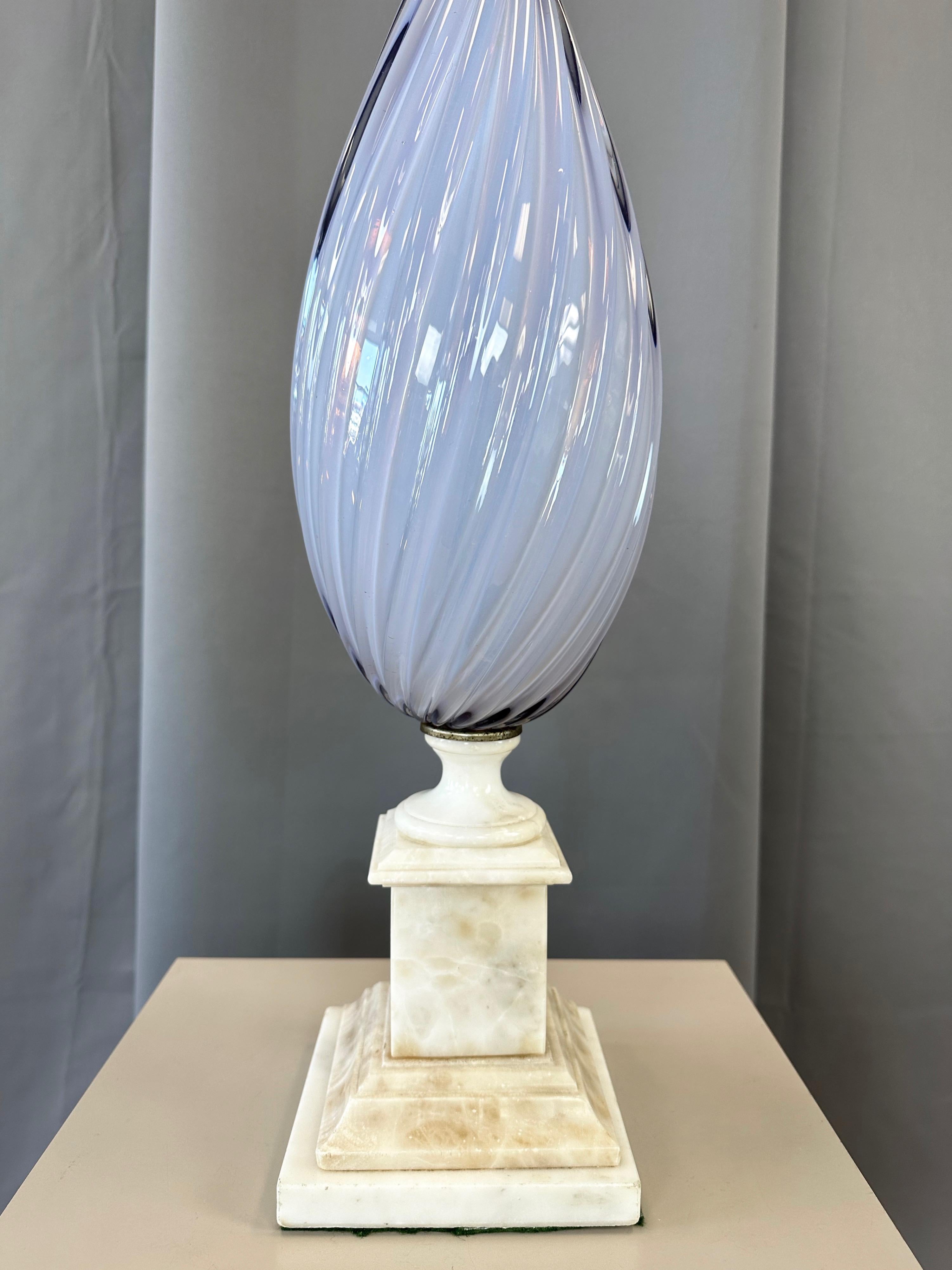 Hollywood Regency Italian Periwinkle Sommerso Murano Glass and Alabaster Table Lamp, circa 1950 For Sale