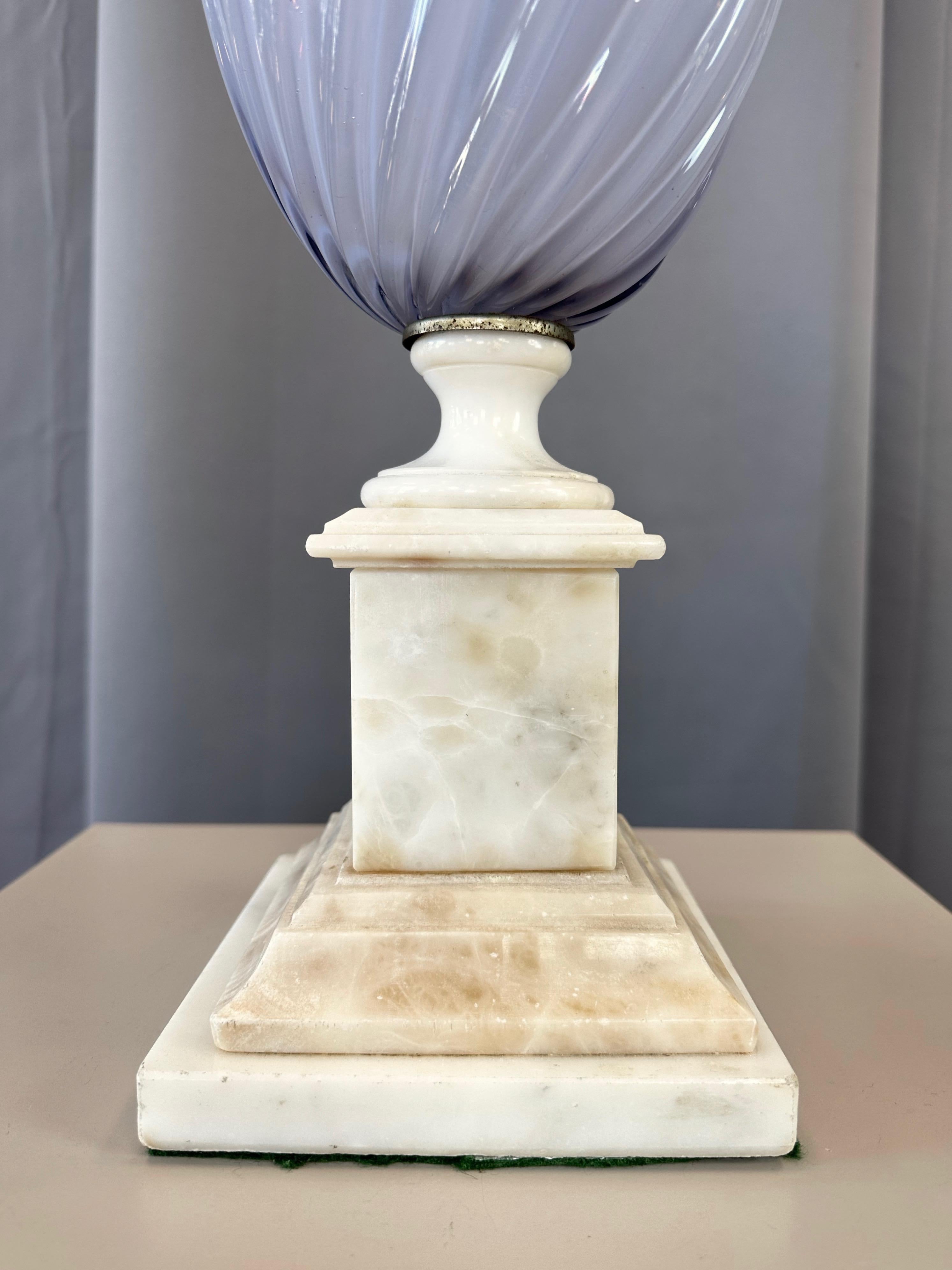 Brass Italian Periwinkle Sommerso Murano Glass and Alabaster Table Lamp, circa 1950 For Sale