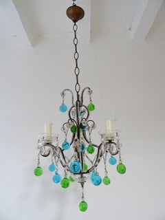 Italian Petit Blue & Green Murano Drops Beaded Crystal Chandelier, circa 1920