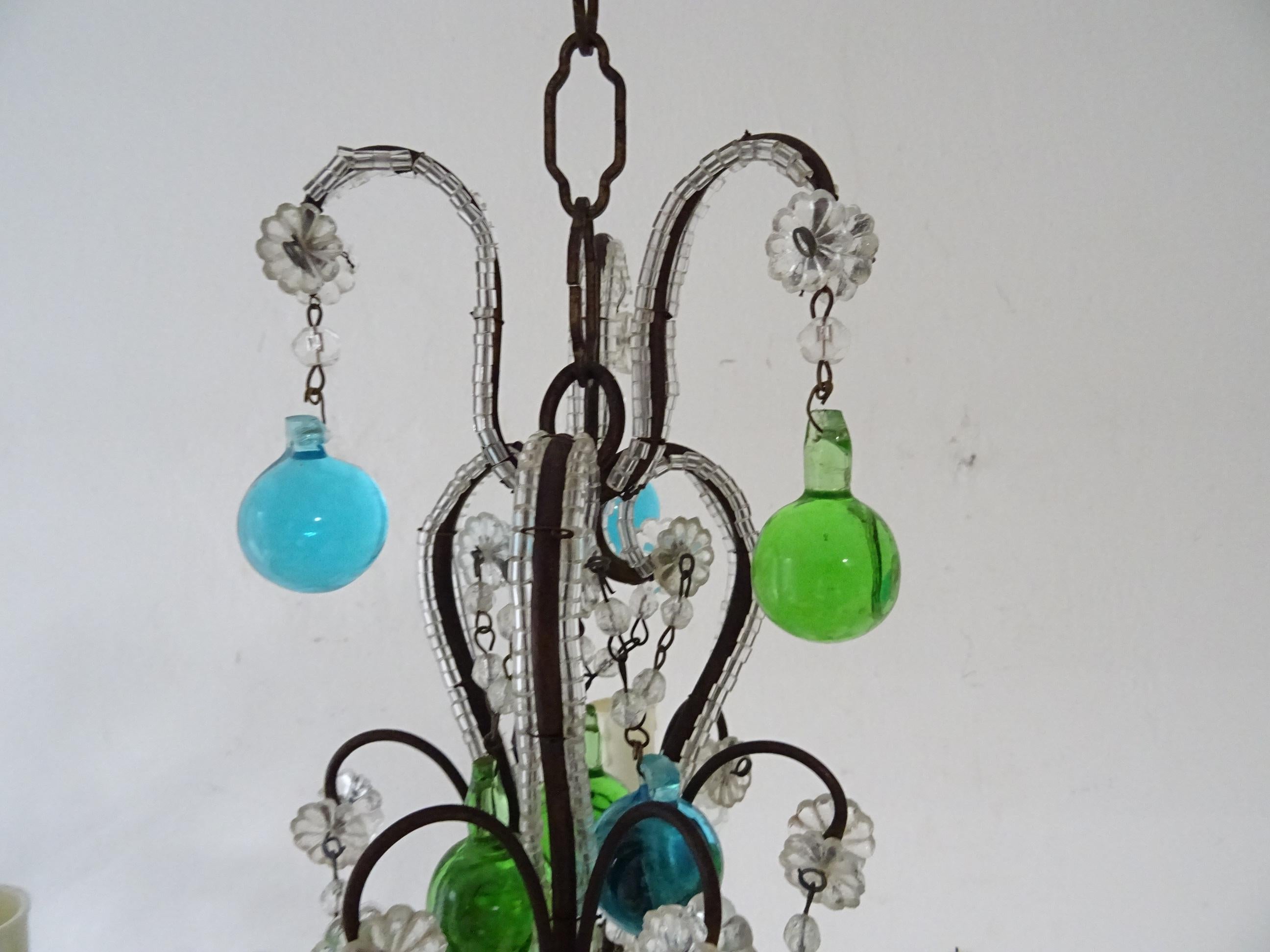 French Italian Petit Blue & Green Murano Drops Beaded Crystal Chandelier, circa 1920 For Sale