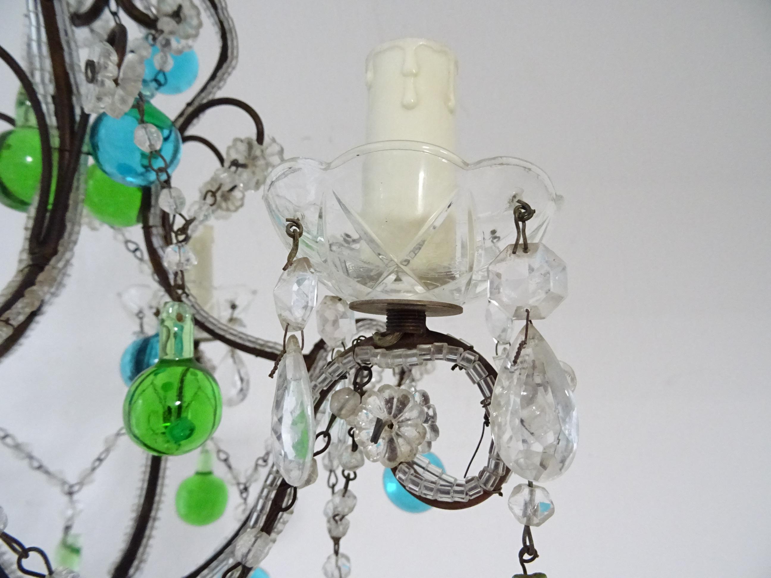 Early 20th Century Italian Petit Blue & Green Murano Drops Beaded Crystal Chandelier, circa 1920 For Sale