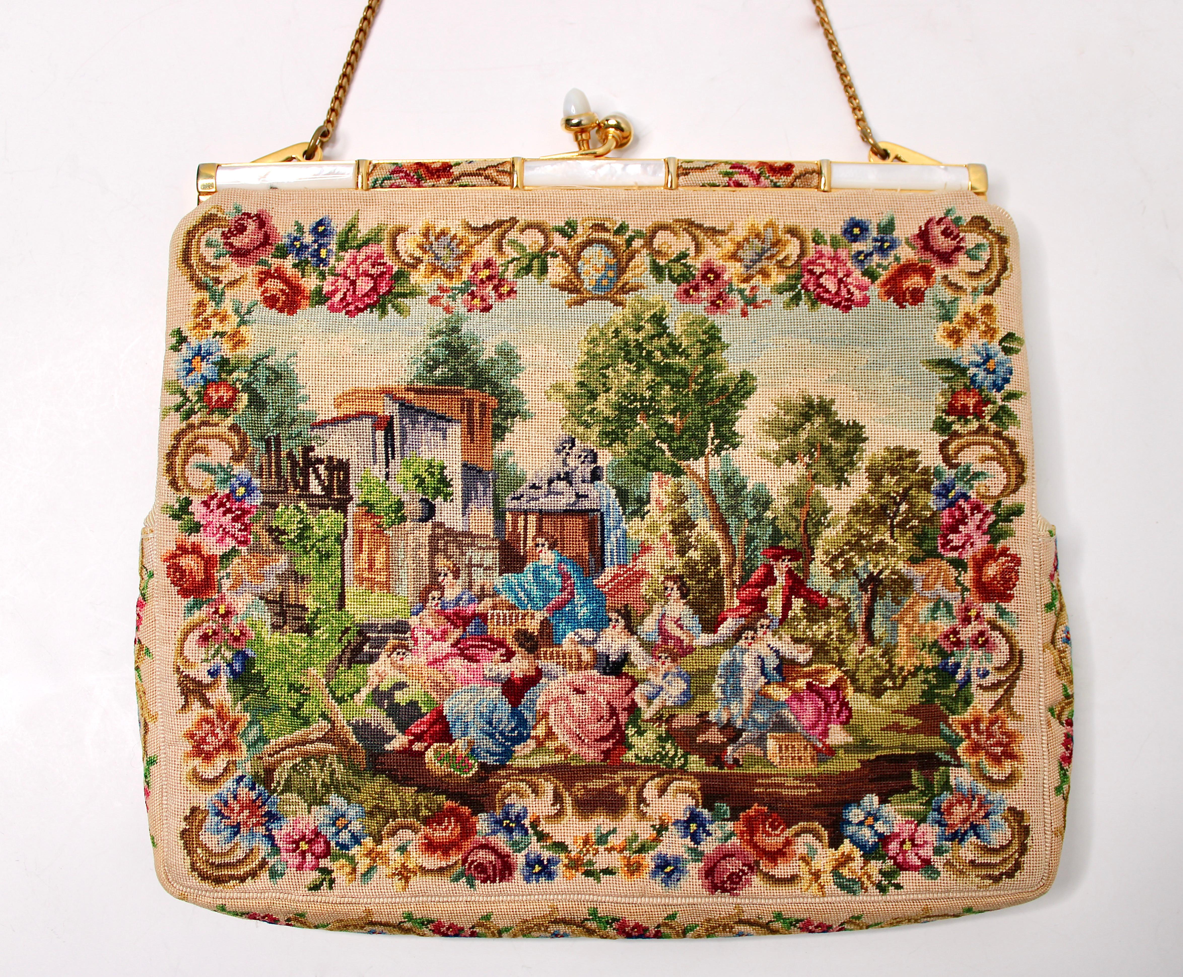 Italian Petit Point Evening Bag With Mother-Of-Pearl Frame circa 1930s (Braun) im Angebot