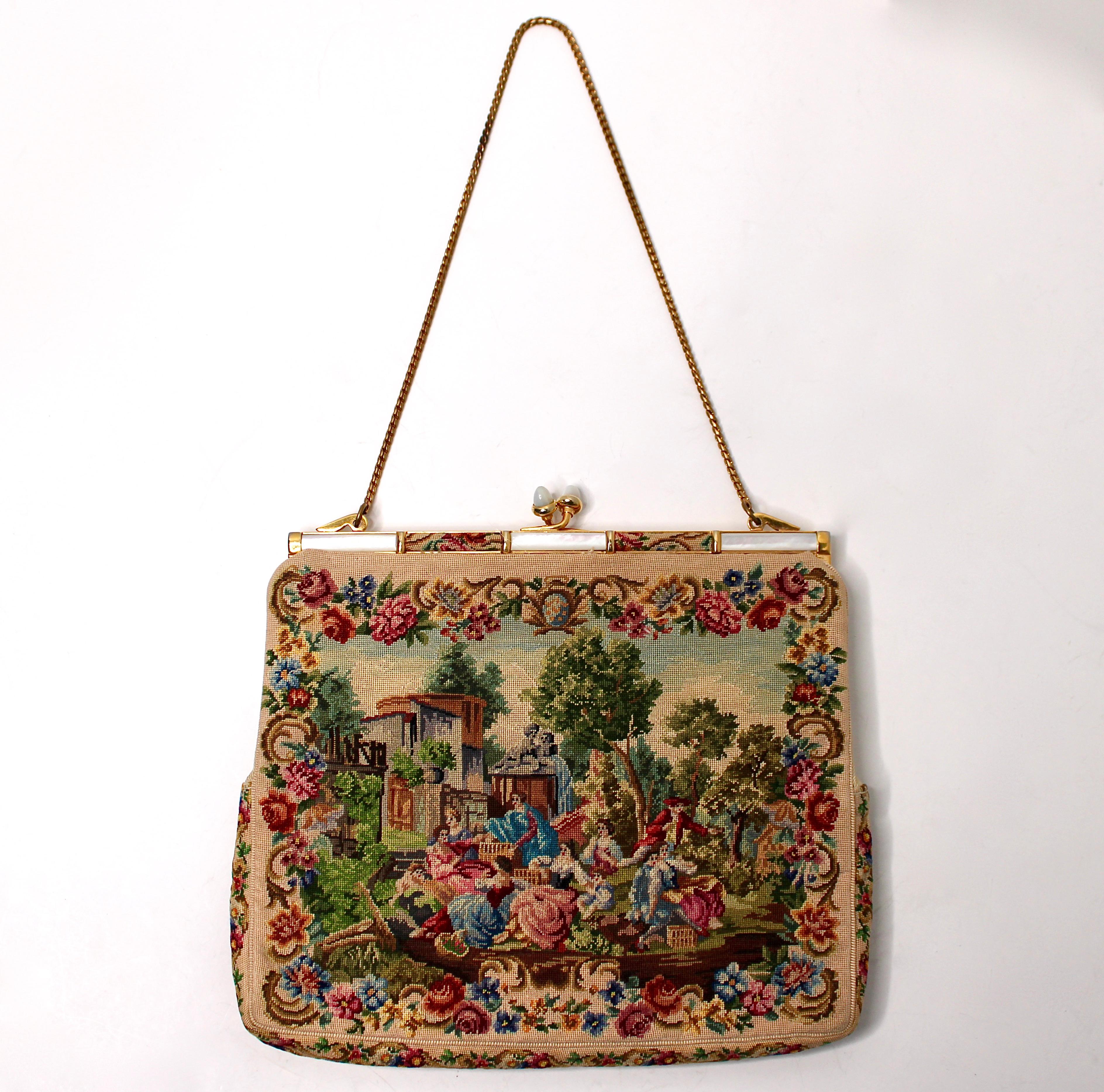 Italian Petit Point Evening Bag With Mother-Of-Pearl Frame circa 1930s im Angebot 4