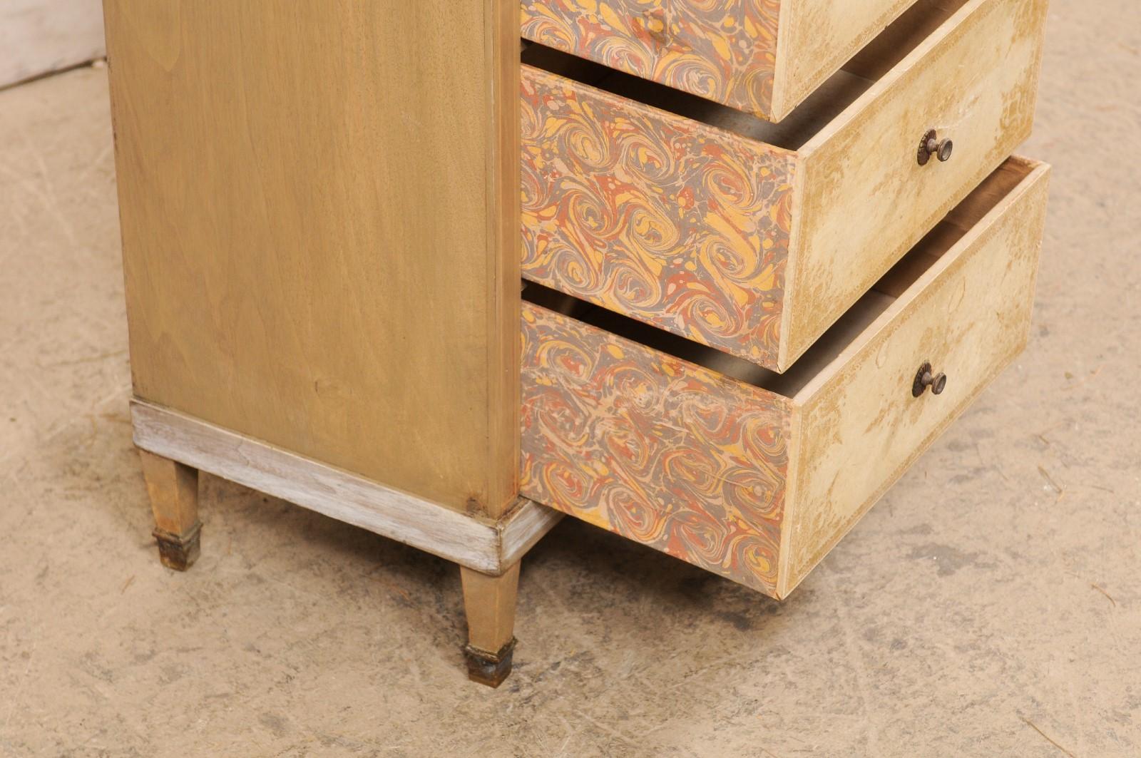 Italian Petite Four Stacked Drawer Chest w/Embossed Vellum Front & Brass Feet In Good Condition In Atlanta, GA