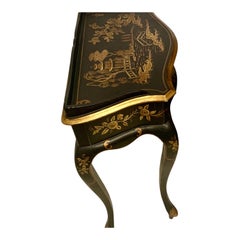 Italian Petite Hand Painted Gilt Chinoiserie On Black Lacquer Side Table Desk