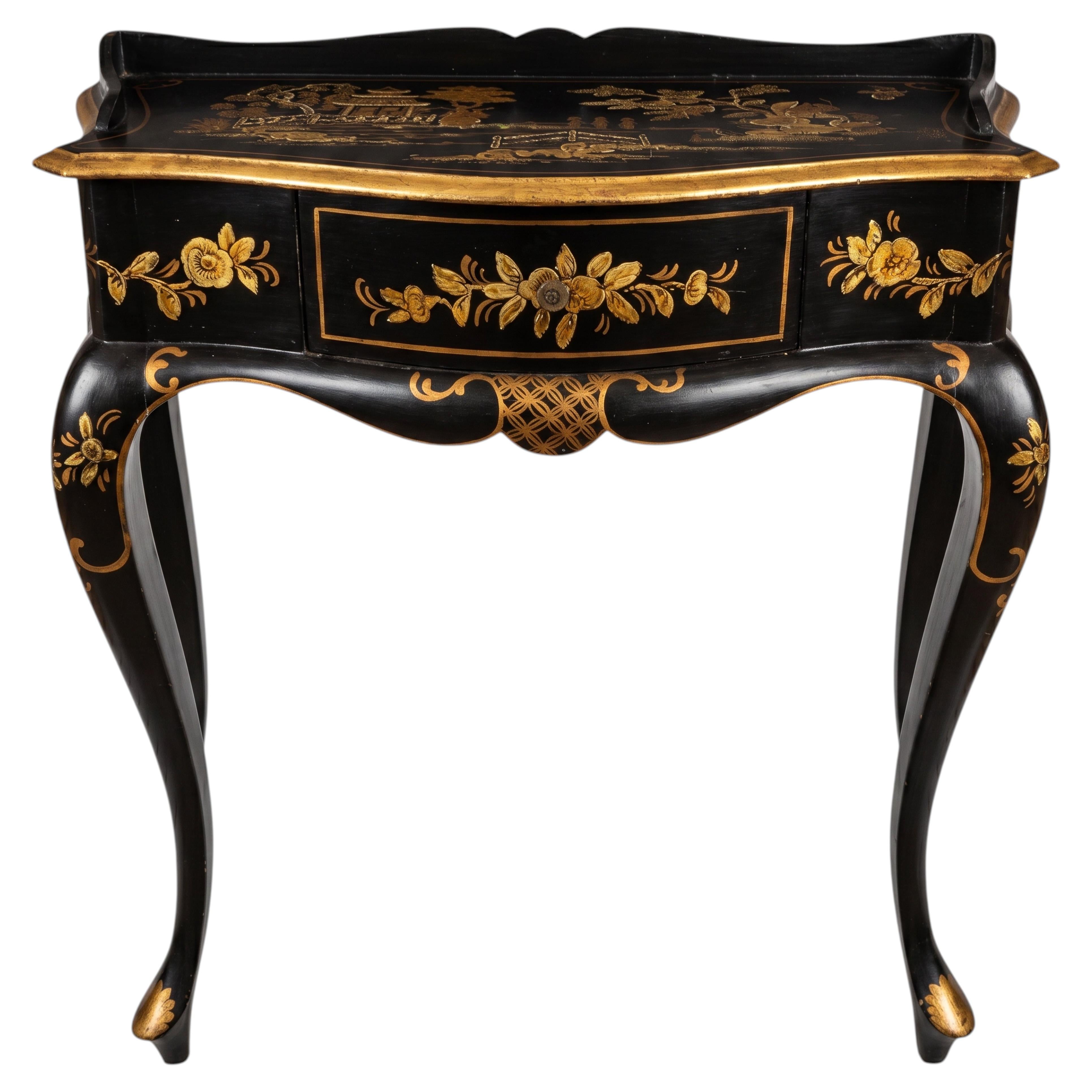 Italian Petite Hand Painted Gilt Chinoiserie On Black Lacquer Side Table Desk