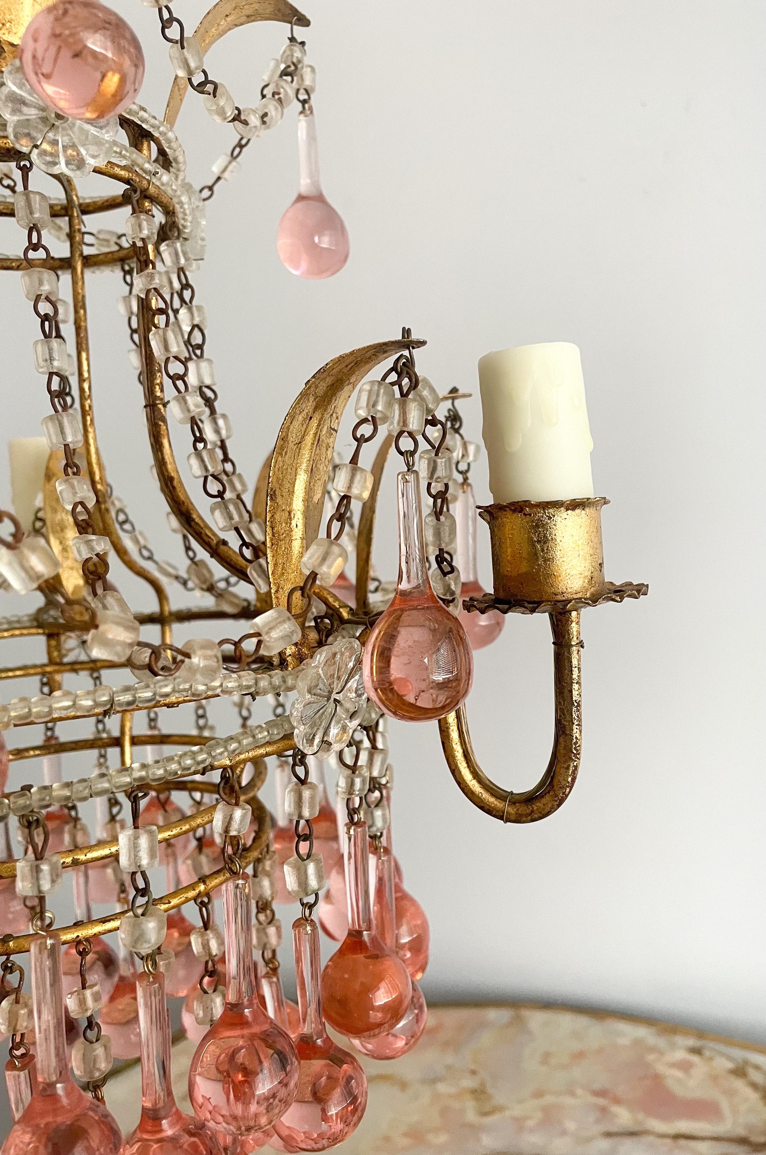 Italian Petite Pink Beaded Chandelier In Good Condition In Los Angeles, CA