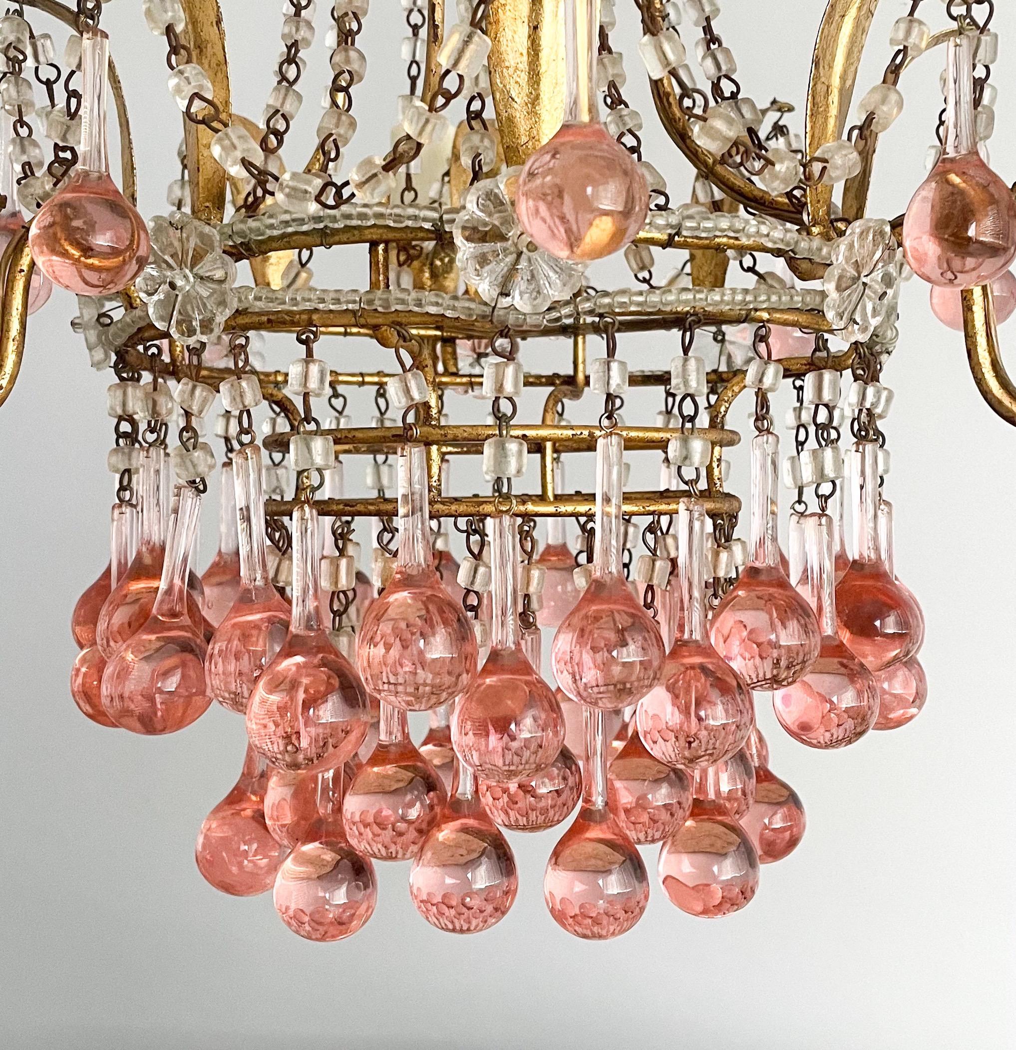 Art Glass Italian Petite Pink Beaded Chandelier