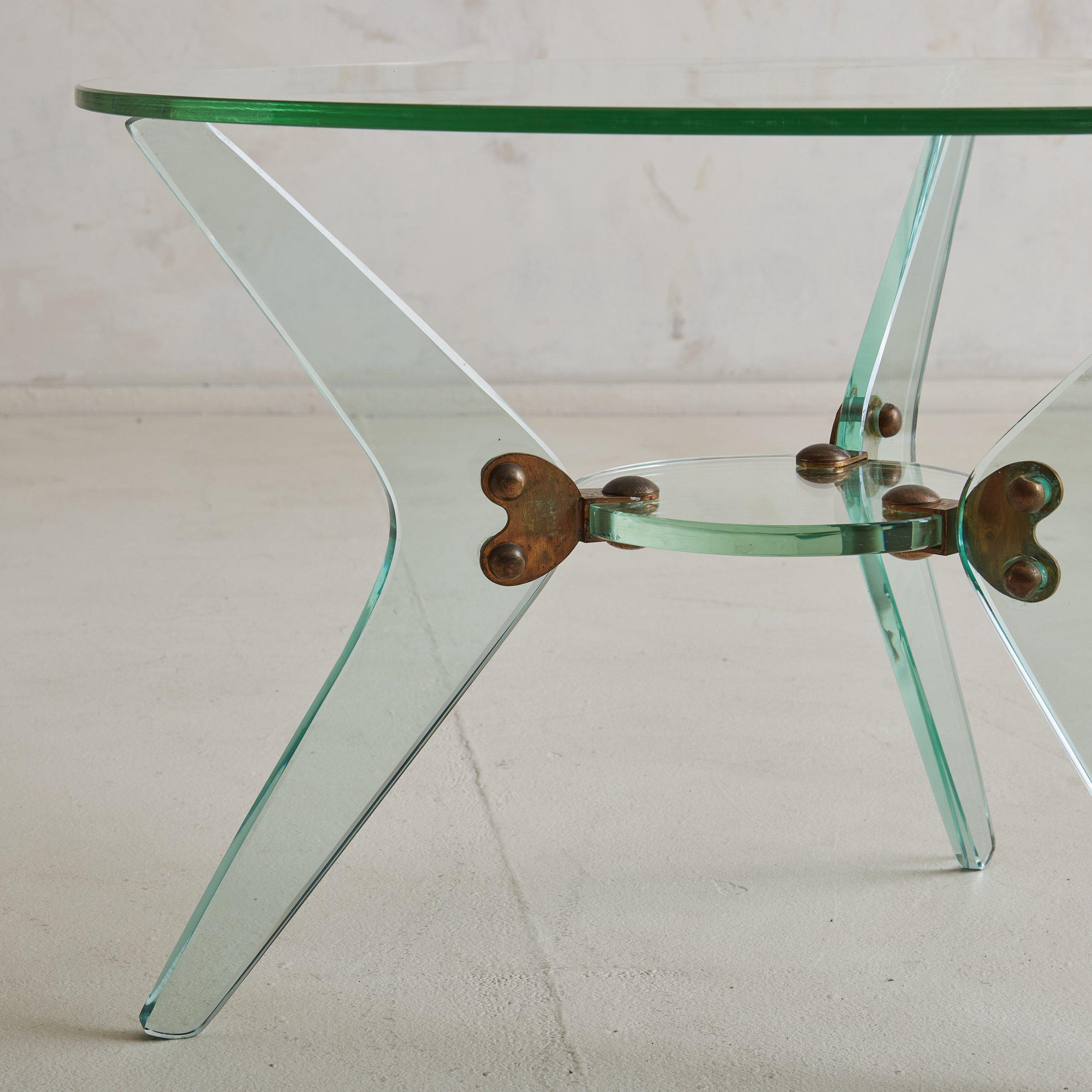 Modern Italian Petite Round Glass + Lucite Cocktail Table, Italy Circa 1950s For Sale