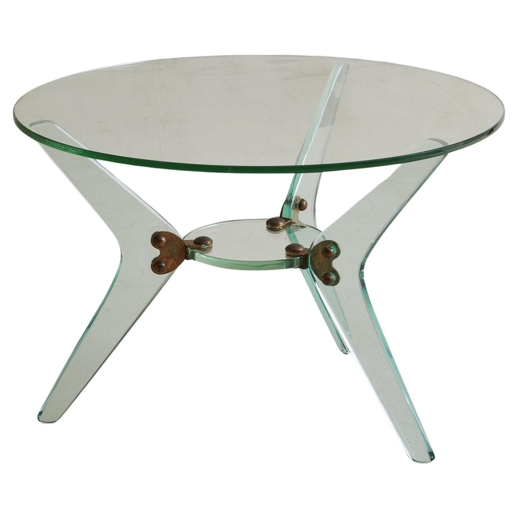 Italian Petite Round Glass + Lucite Cocktail Table, Italy Circa 1950s For Sale