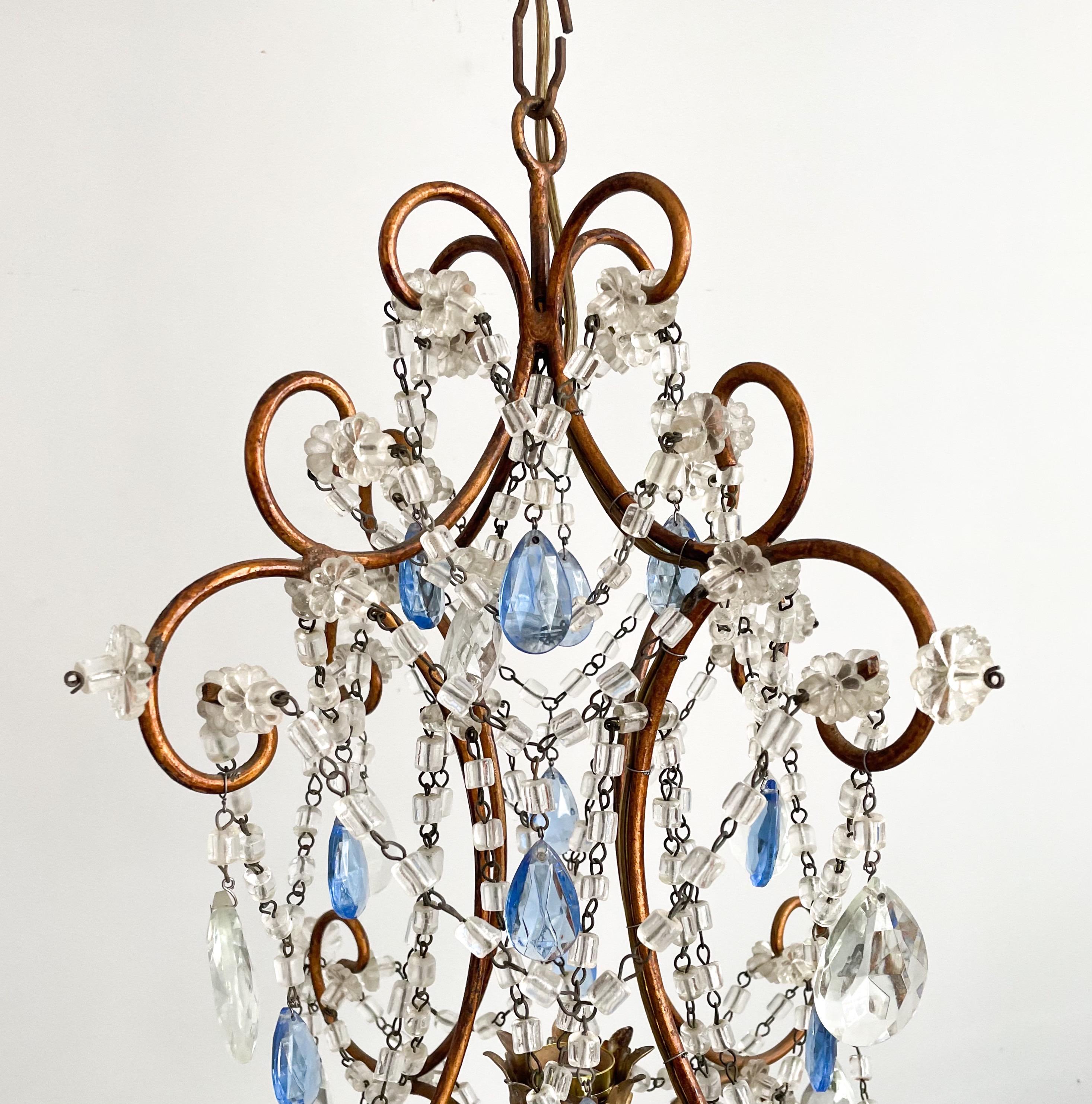 Italian Petite-Scale Beaded Chandelier with Blue Drops In Good Condition In Los Angeles, CA