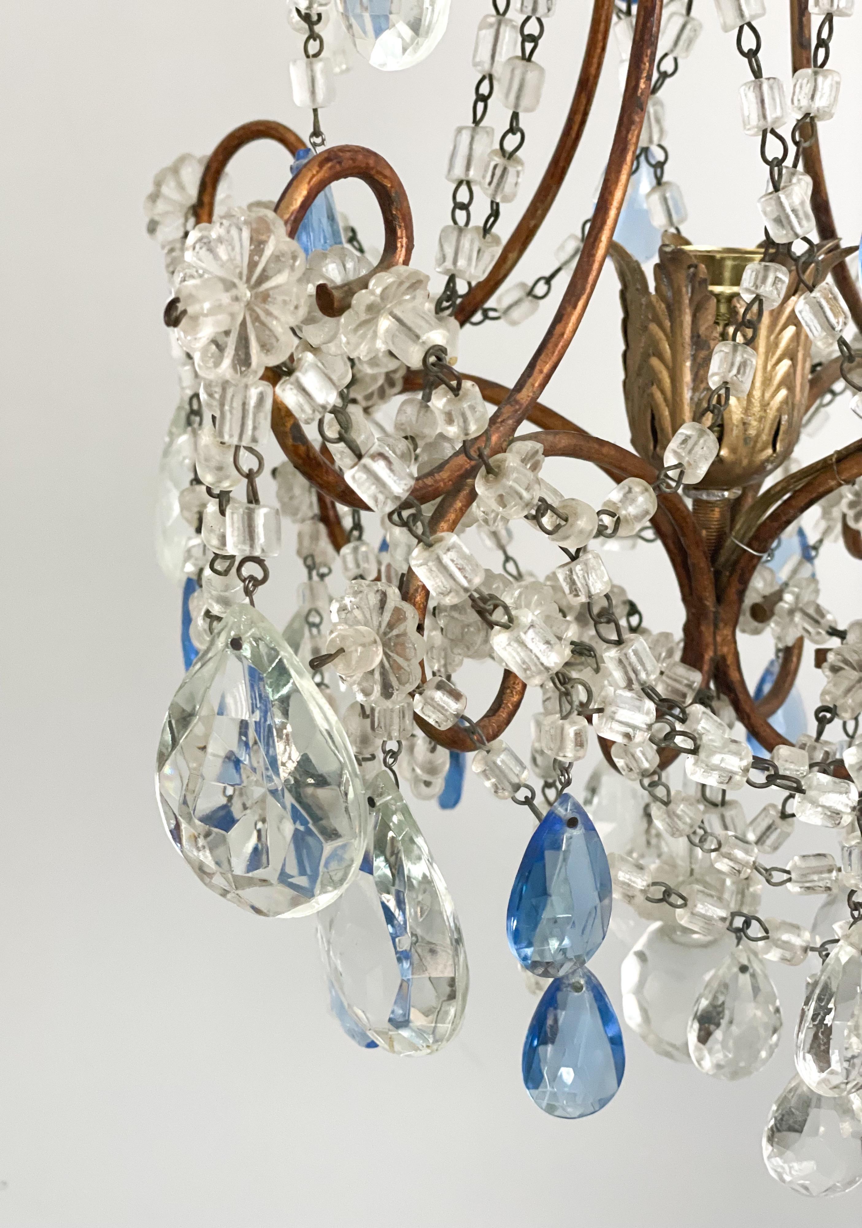 Mid-20th Century Italian Petite-Scale Beaded Chandelier with Blue Drops
