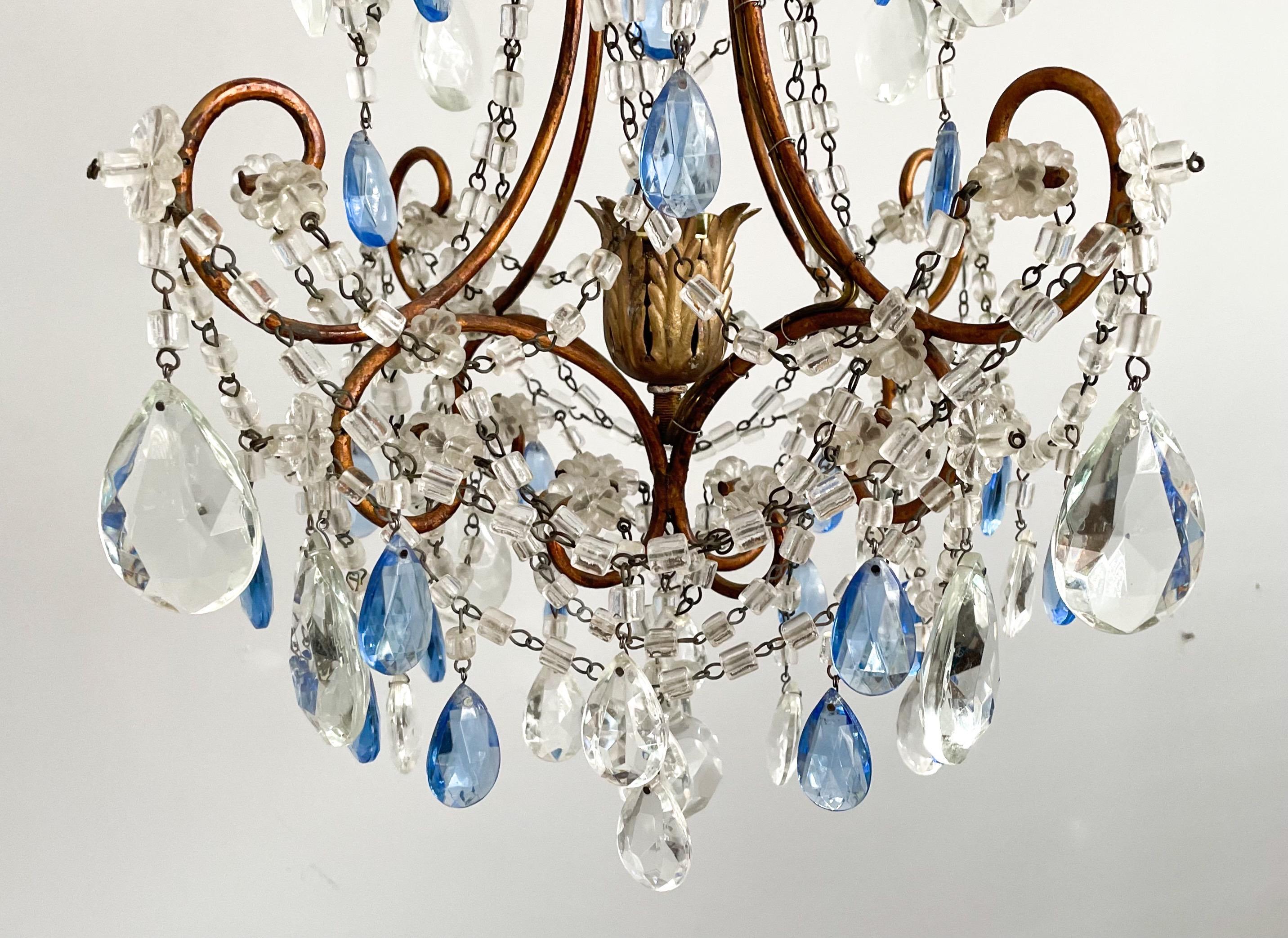Art Glass Italian Petite-Scale Beaded Chandelier with Blue Drops