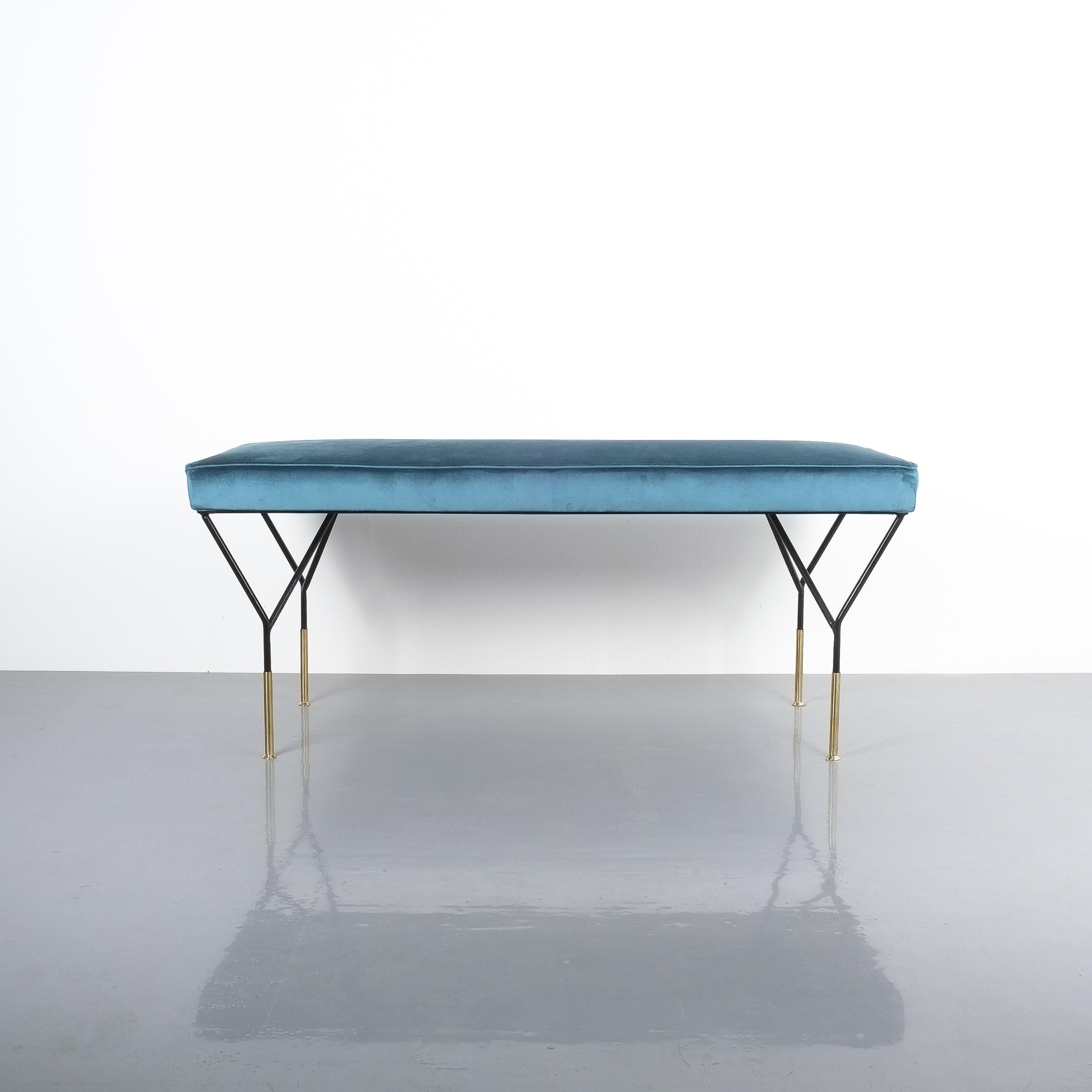 Italian velvet brass bench, Italy, 1950. Elegant and slender Italian in fully refurbished, excellent condition with a newly upholstered seat in petrol color (blue-green). It measures 49