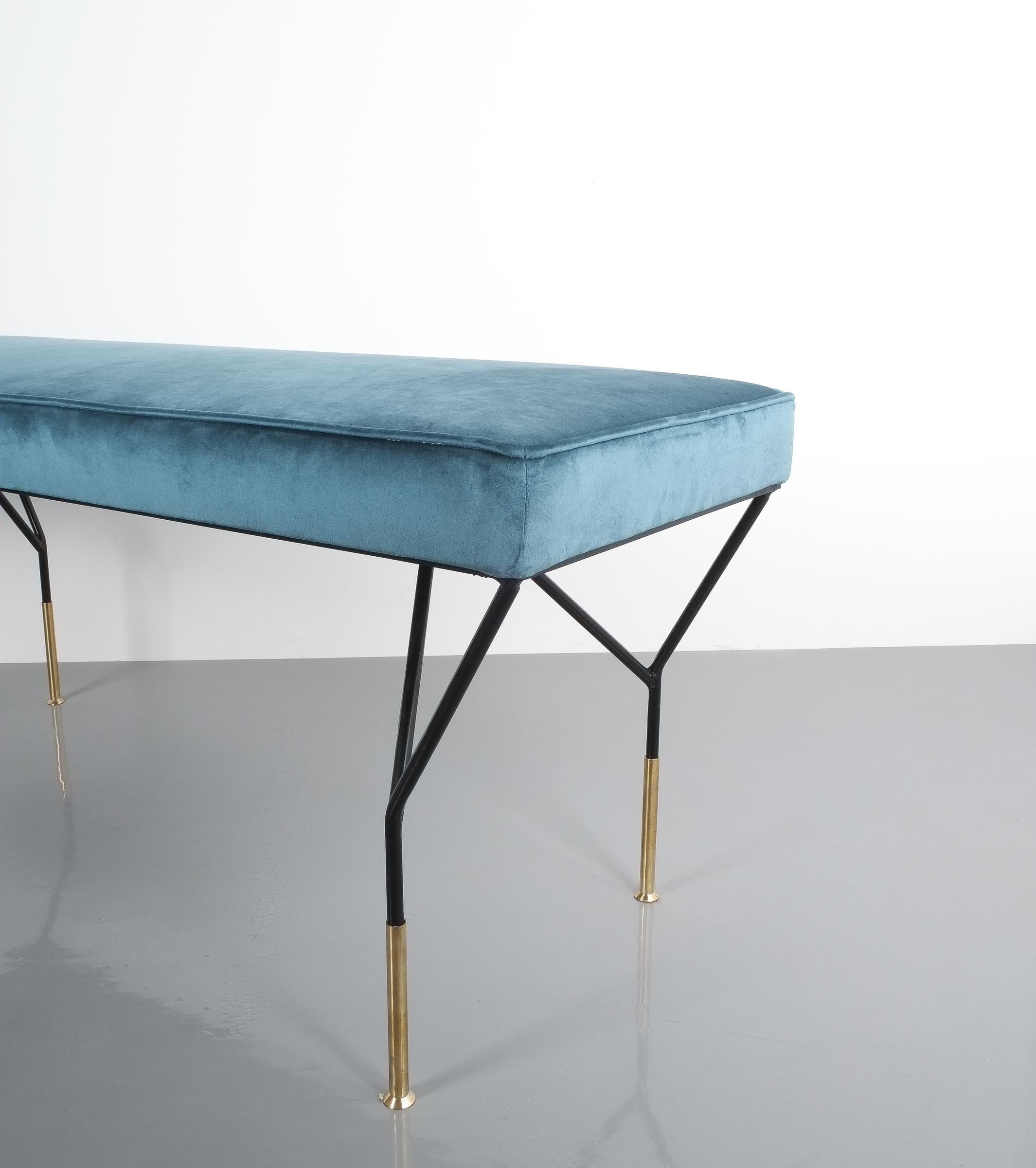 Italian Petrol Velvet Brass Bench Refurbished, Italy, 1950 In Good Condition In Vienna, AT
