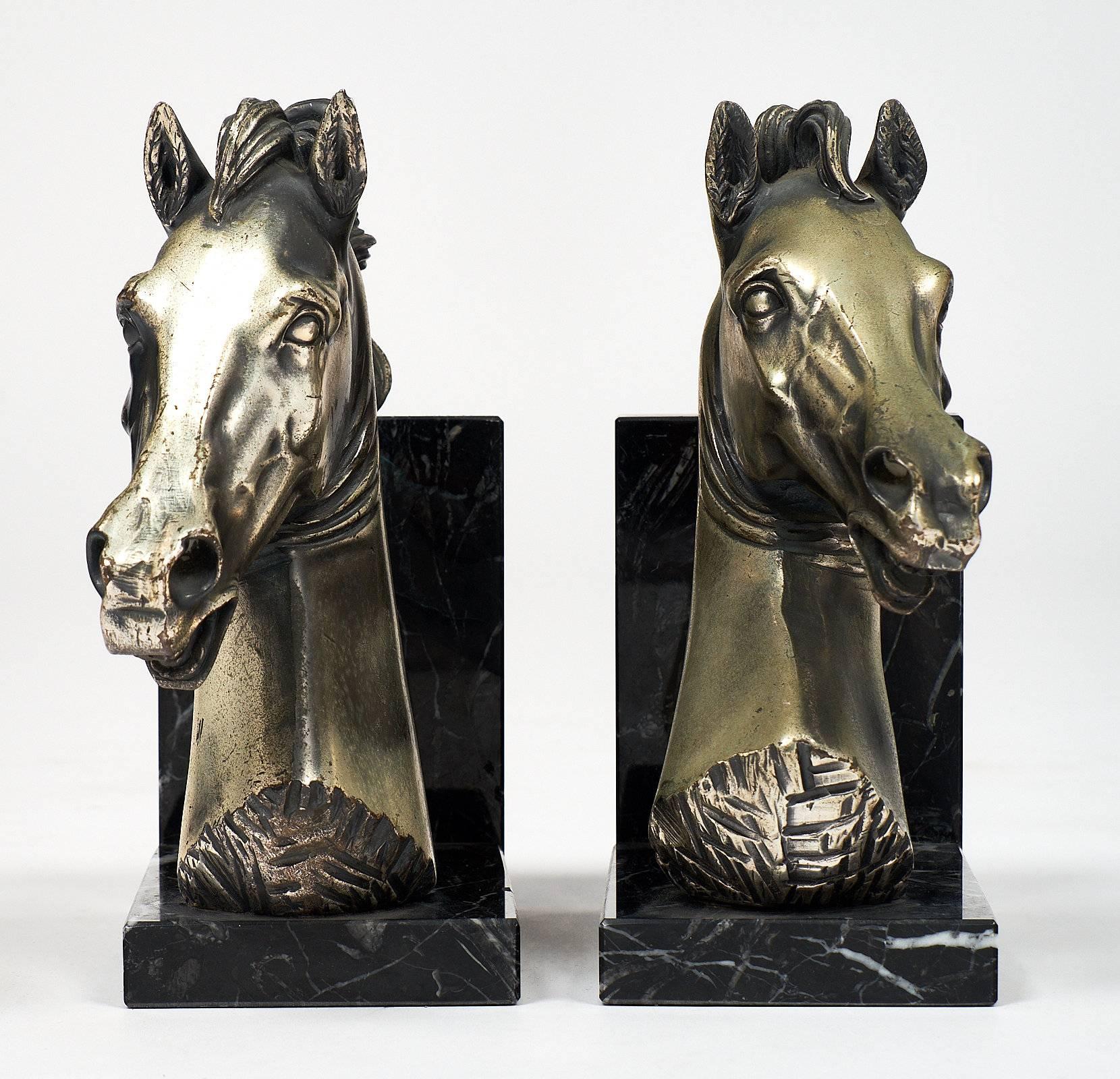 Italian Pewter Horse Head Bookends In Excellent Condition In Austin, TX