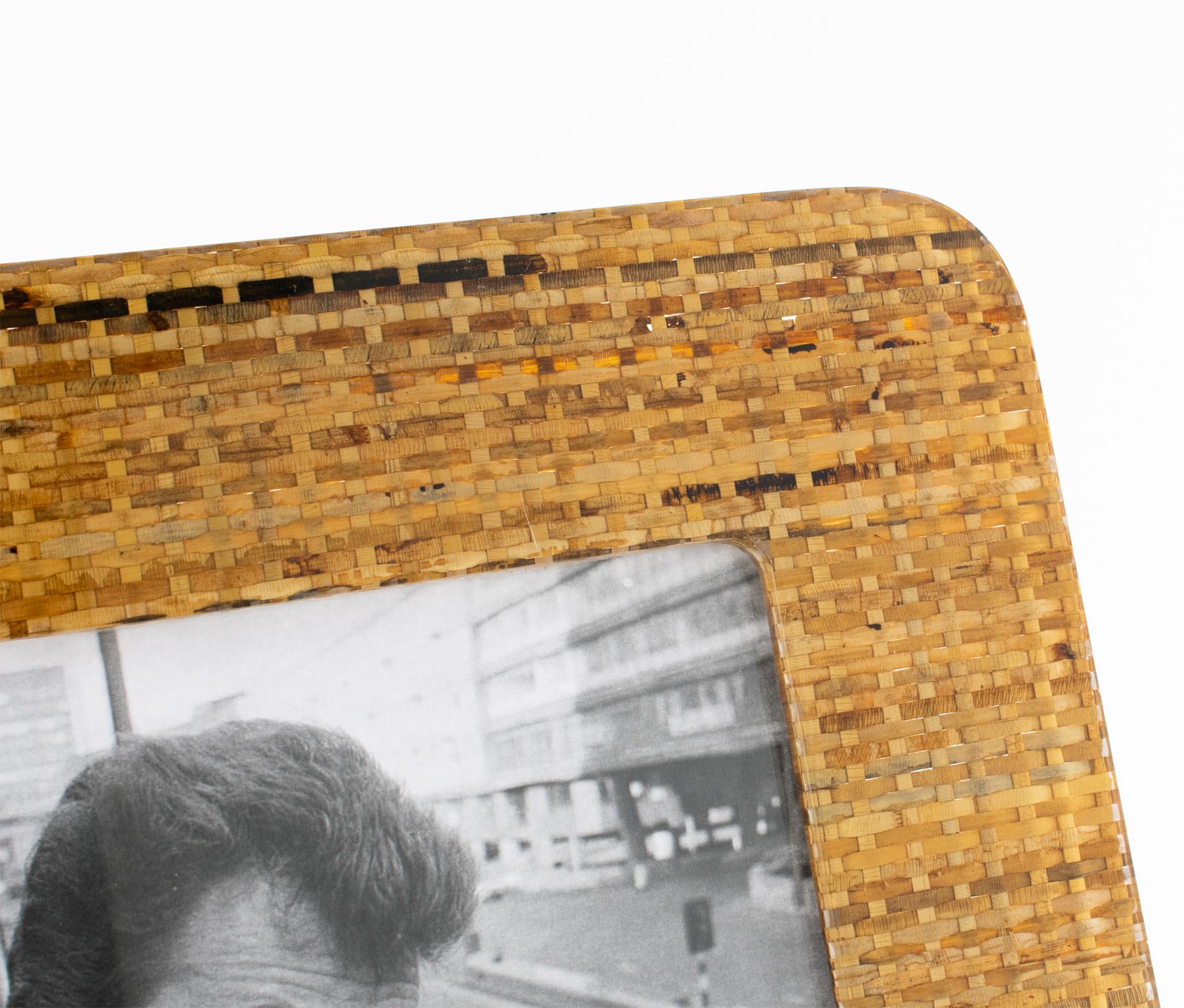 Acrylic Italian Picture Frame in Lucite and Rattan, circa 1970 For Sale