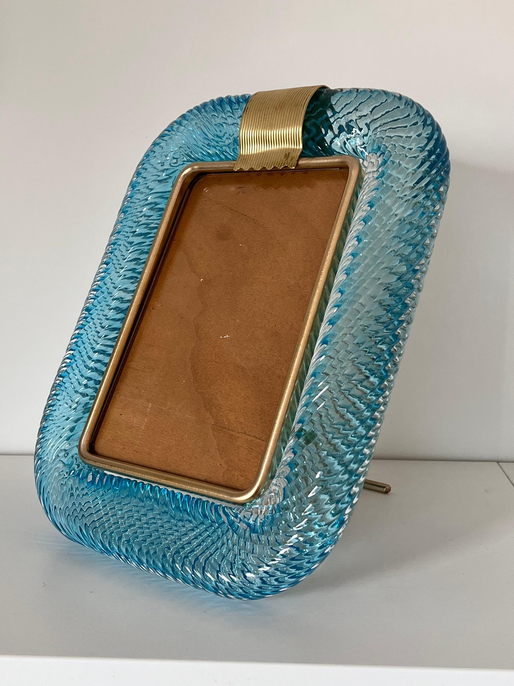 1990s Italian Vintage Aquamarine Blue Twisted Murano Glass & Brass Picture Frame 3