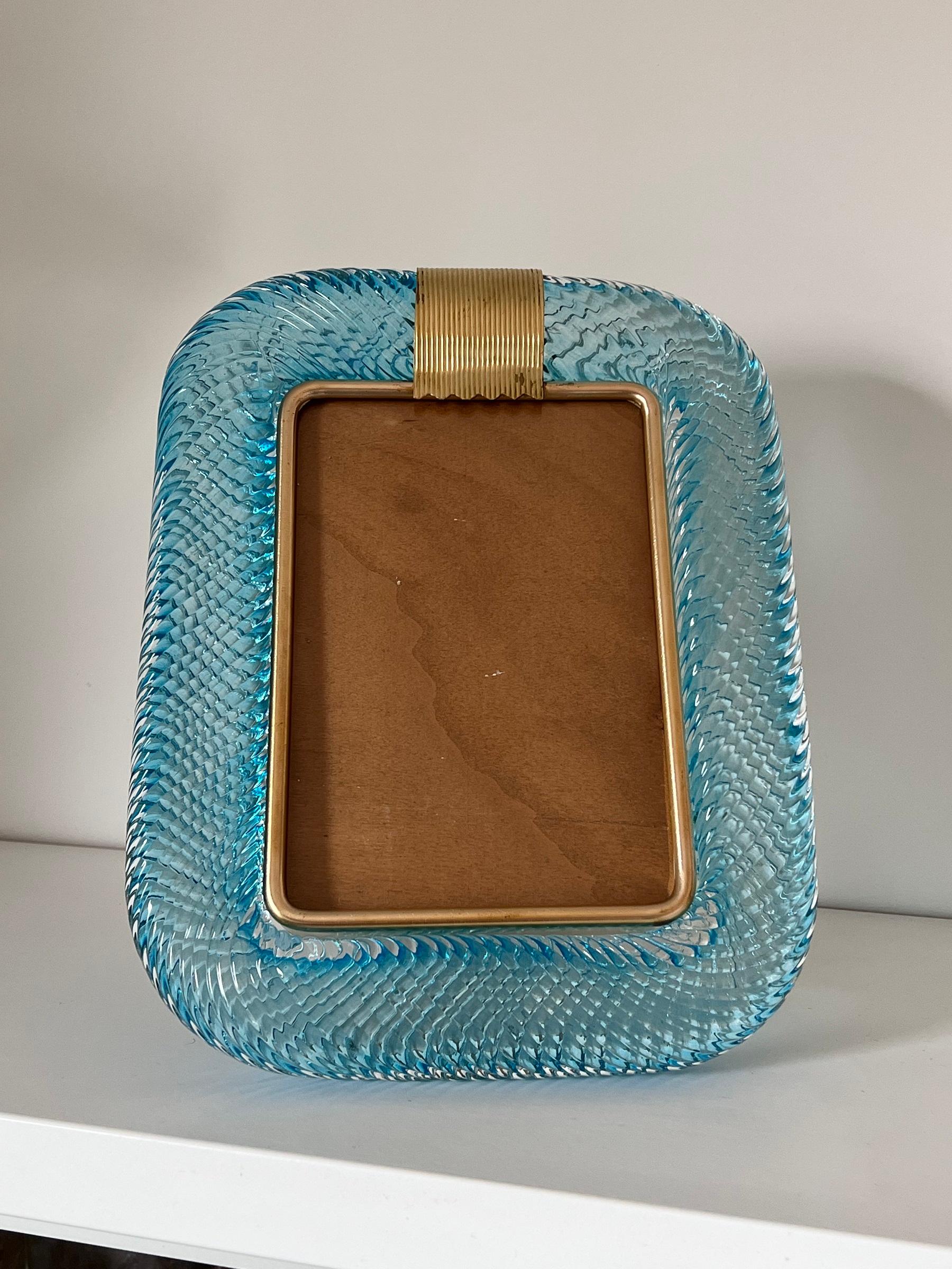 1990s Italian Vintage Aquamarine Blue Twisted Murano Glass & Brass Picture Frame 2