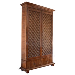 Italian, Piemonte, Neoclassic Fruitwood Lattice-Front 2-Door, 2-Drawer Cabinet