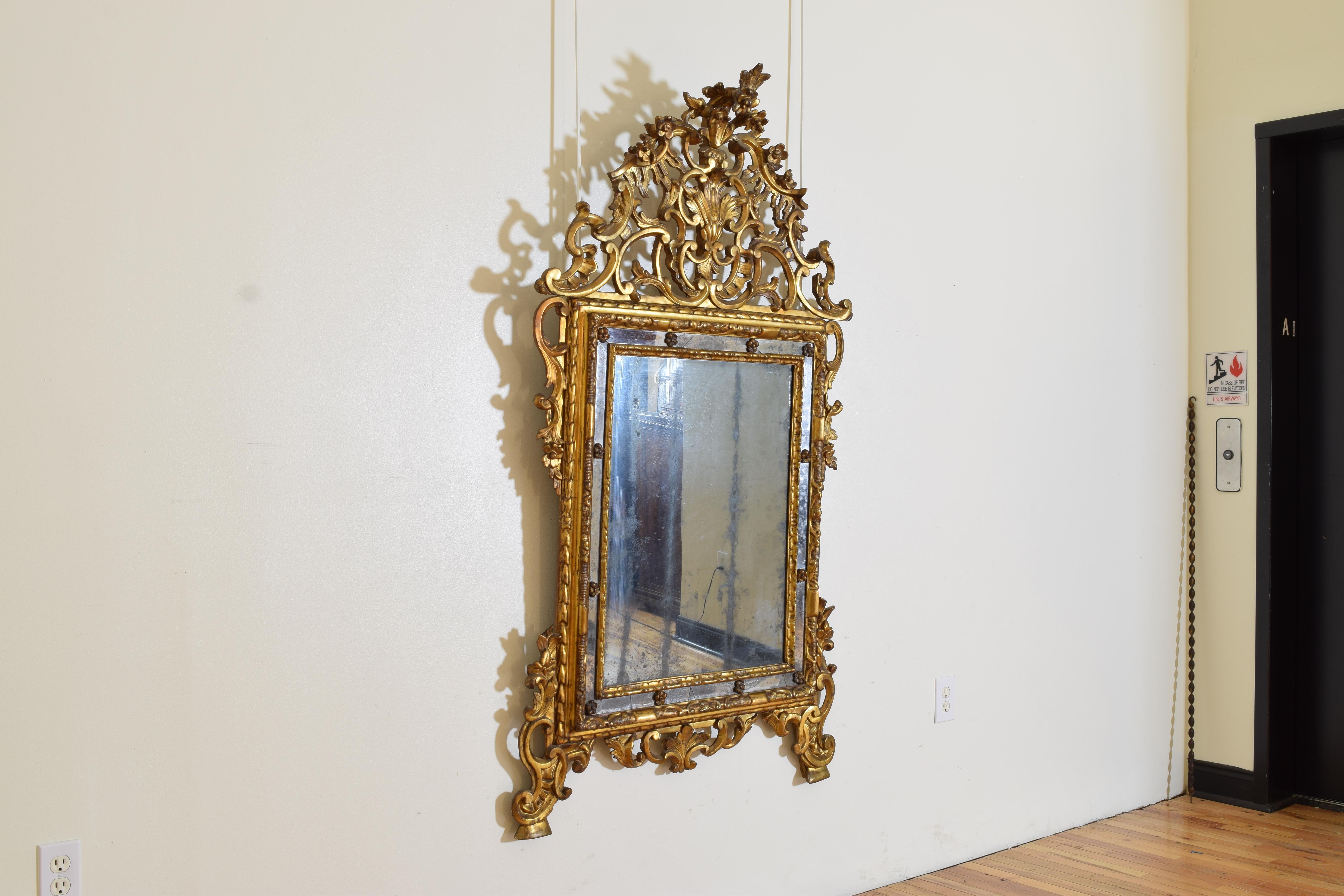 Louis XIV Italian, Piemonte, Rococo Period Carved Giltwood 2-Piece Mirror, 1stq 18th cen. For Sale