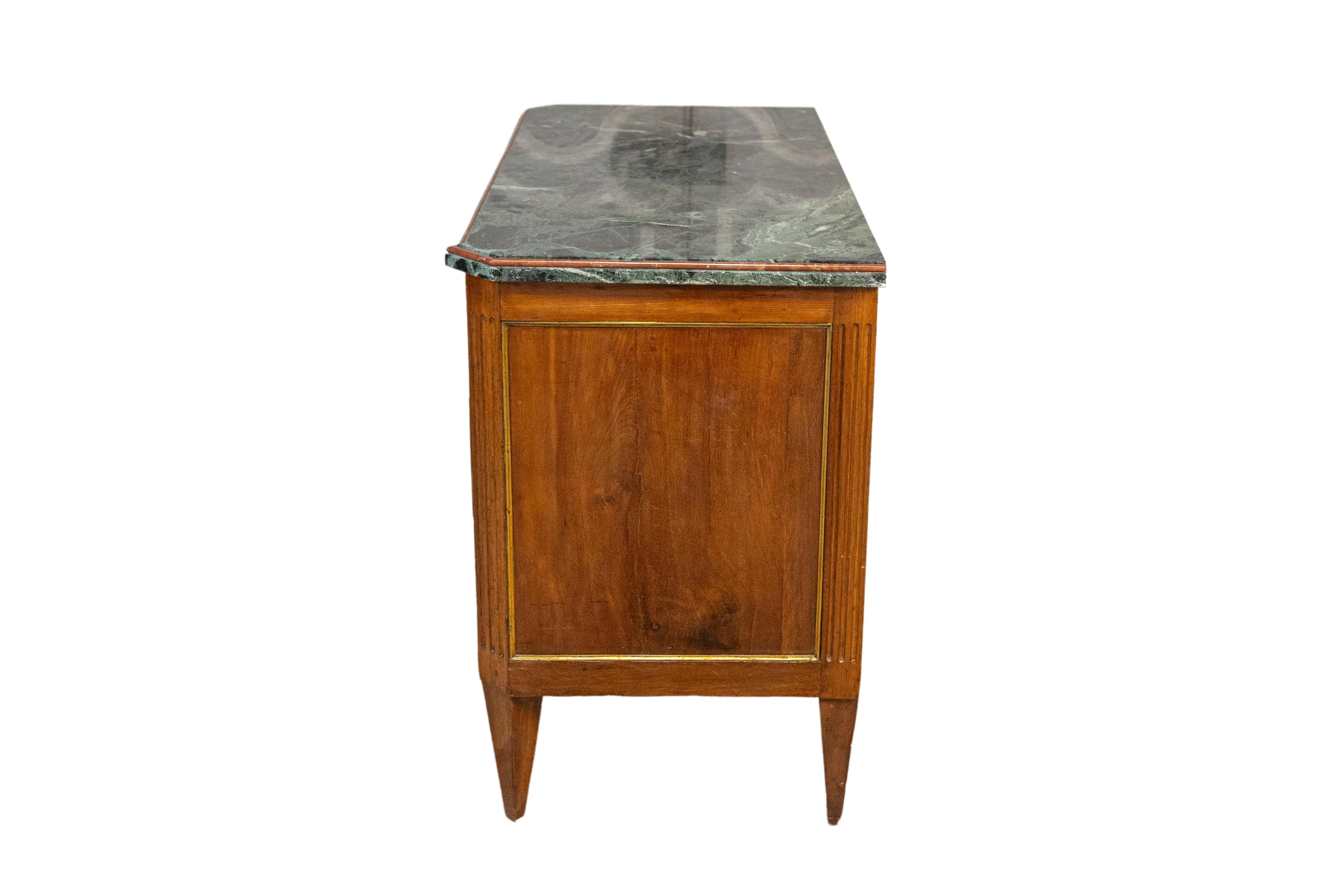 Carved Italian Piemontese 1890s Three-Drawer Walnut Commode with Dark Green Marble Top For Sale
