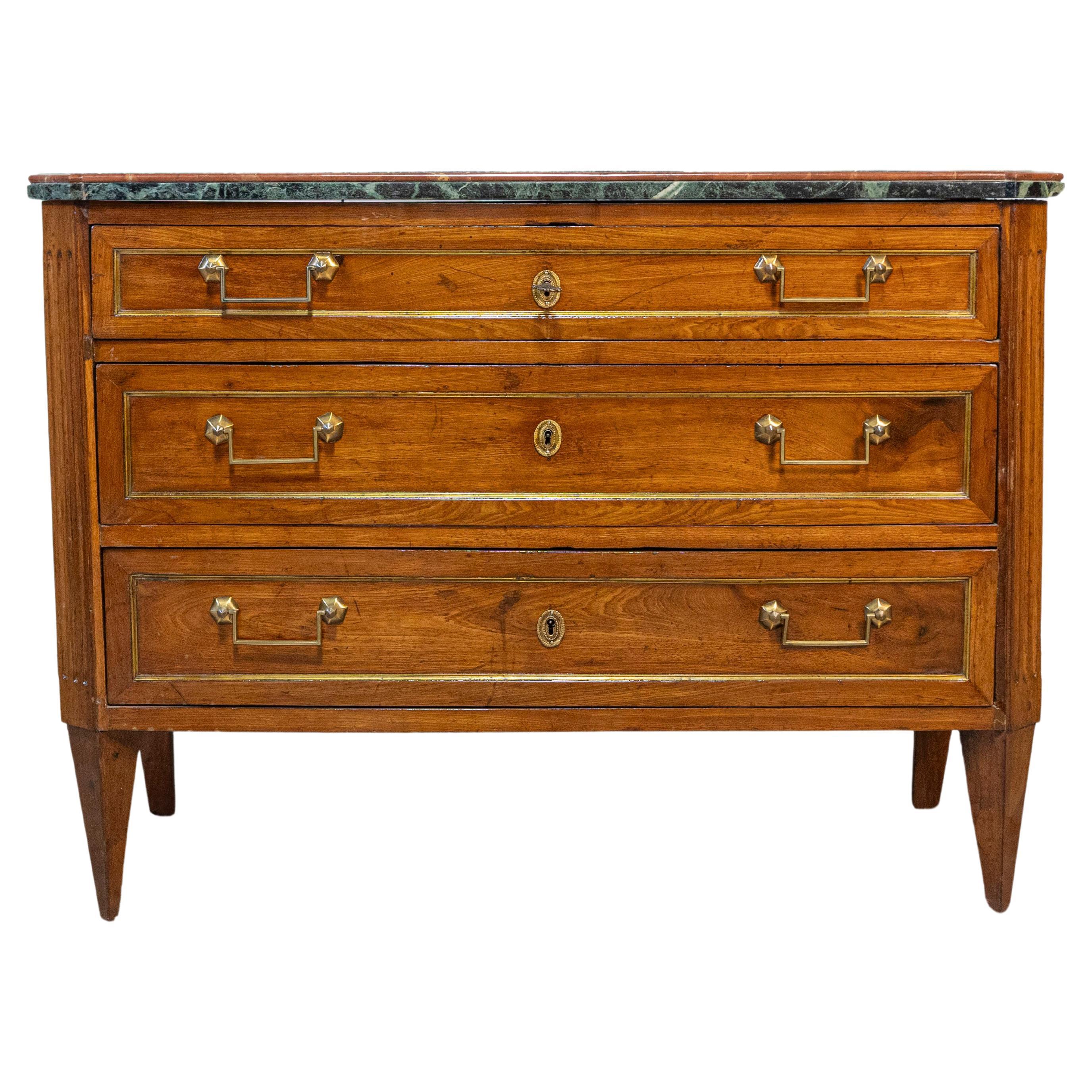 Italian Piemontese 1890s Three-Drawer Walnut Commode with Dark Green Marble Top For Sale