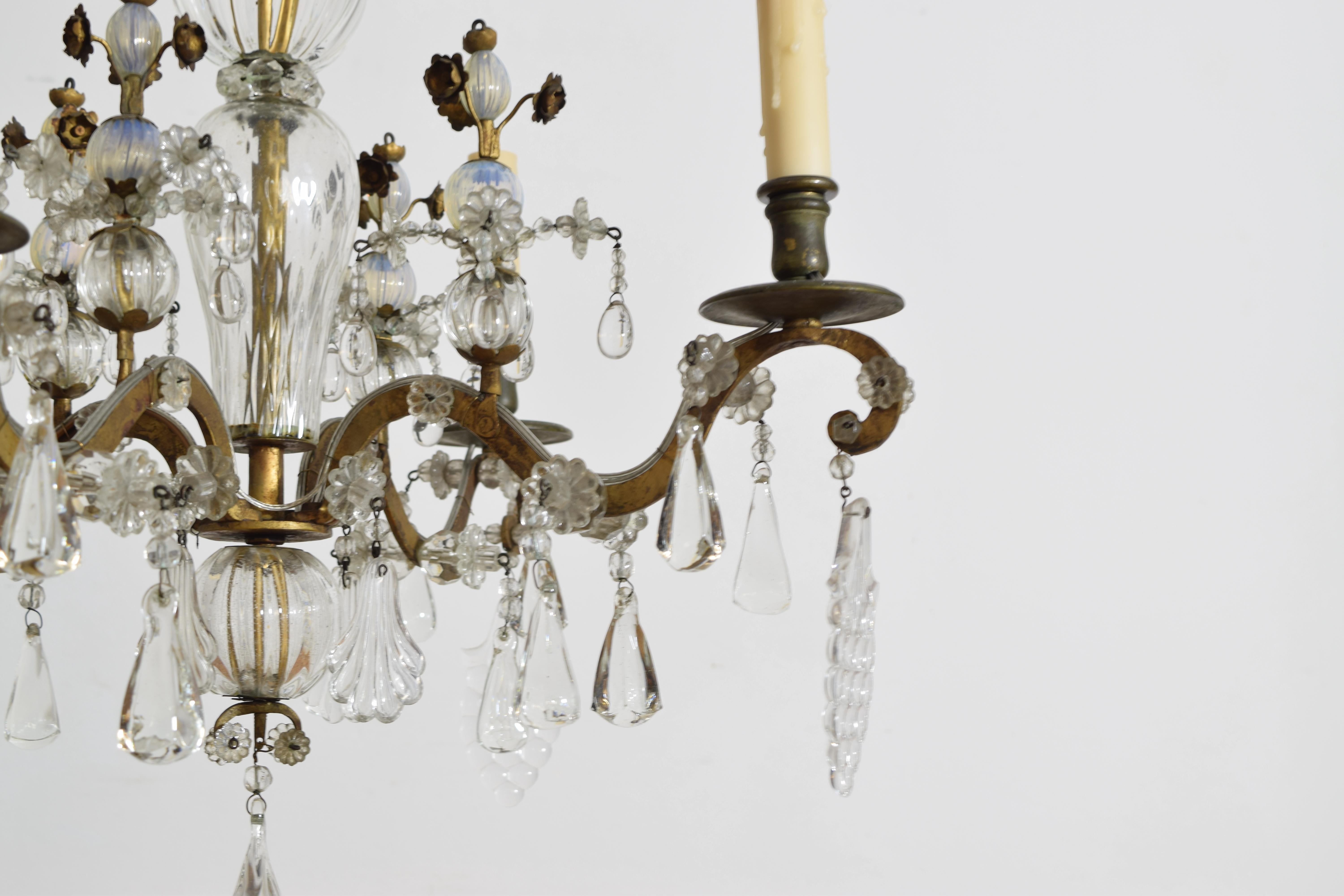 Italian, Piemontese, Late Neoclassic Gilt Metal & Blown Glass 4-Light Chandelier For Sale 5