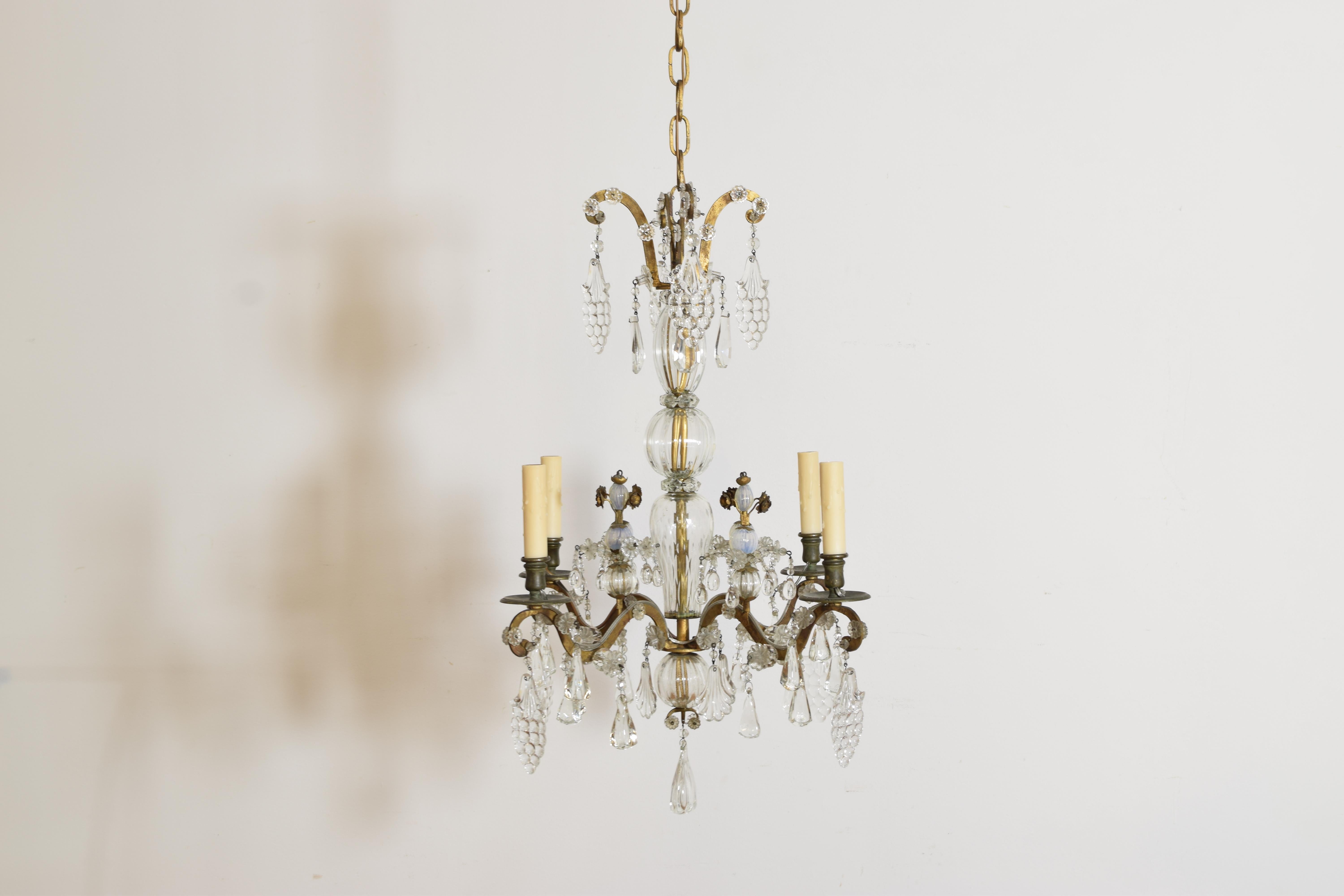 Neoclassical Italian, Piemontese, Late Neoclassic Gilt Metal & Blown Glass 4-Light Chandelier For Sale