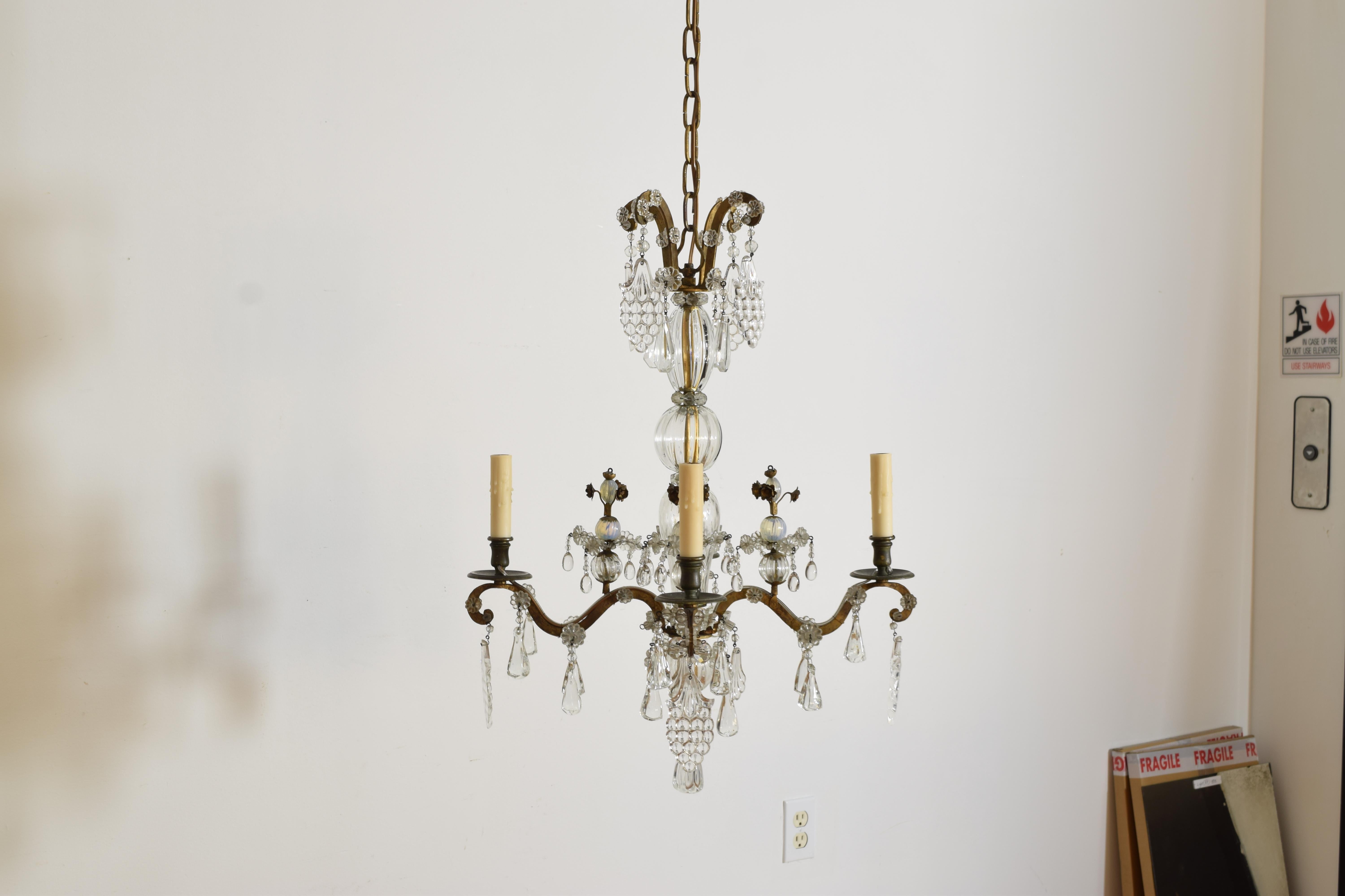 Italian, Piemontese, Late Neoclassic Gilt Metal & Blown Glass 4-Light Chandelier In Good Condition For Sale In Atlanta, GA